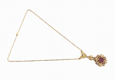 26884289a - 14 kt Gold Granat-Diamant-Perl-Collier, um 1900, GG 585/000, floral gestaltetes ...