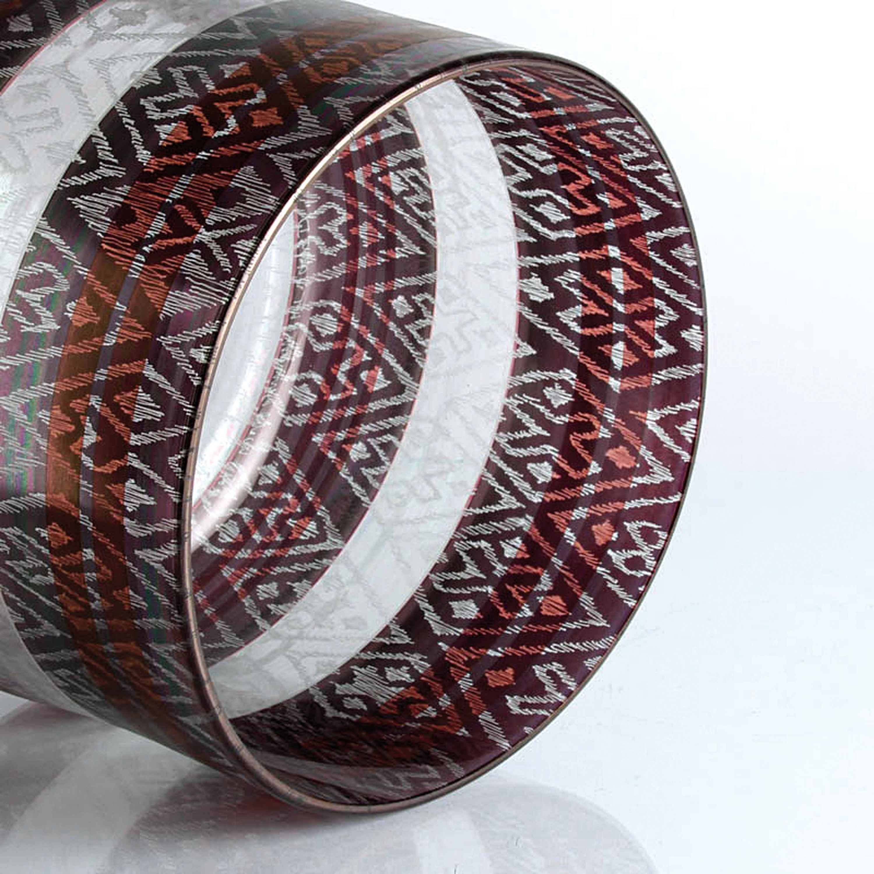 Detail a: Große Bechervase, Isgard Moje-Wohlgemuth, farbloses Glas, umlaufender bunter geometrischer Dekor, geschliffen, H. ca. 18cm, B. ca. 21 cm