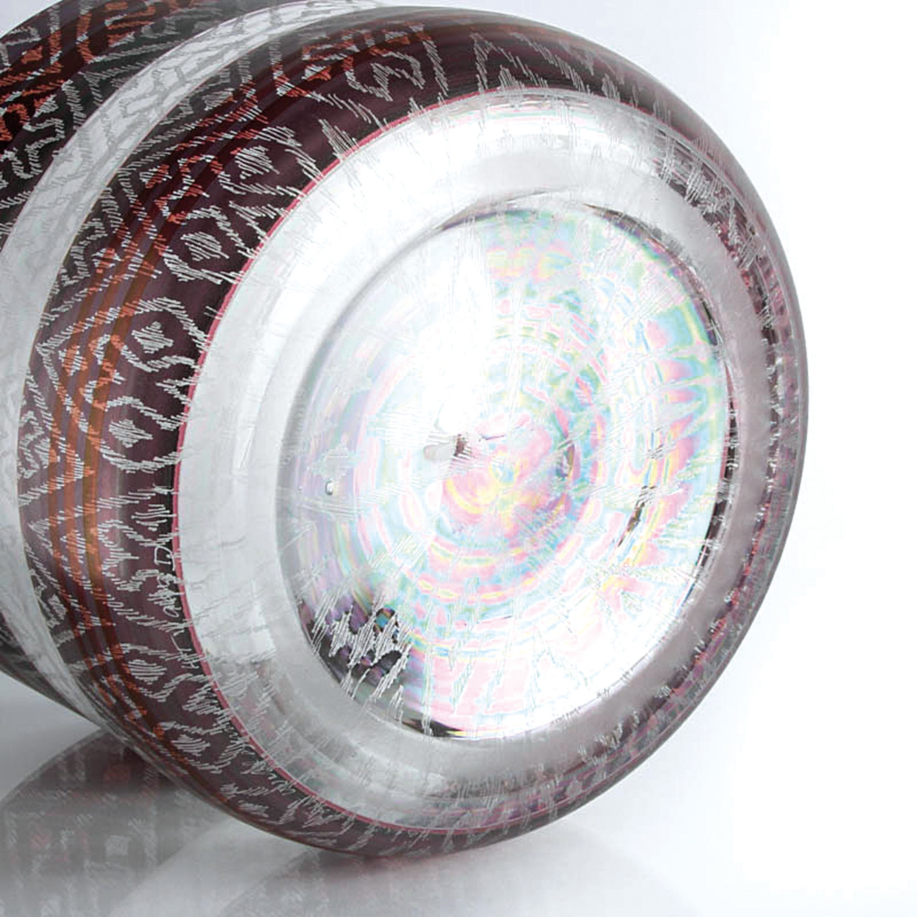 Detail b: Große Bechervase, Isgard Moje-Wohlgemuth, farbloses Glas, umlaufender bunter geometrischer Dekor, geschliffen, H. ca. 18cm, B. ca. 21 cm