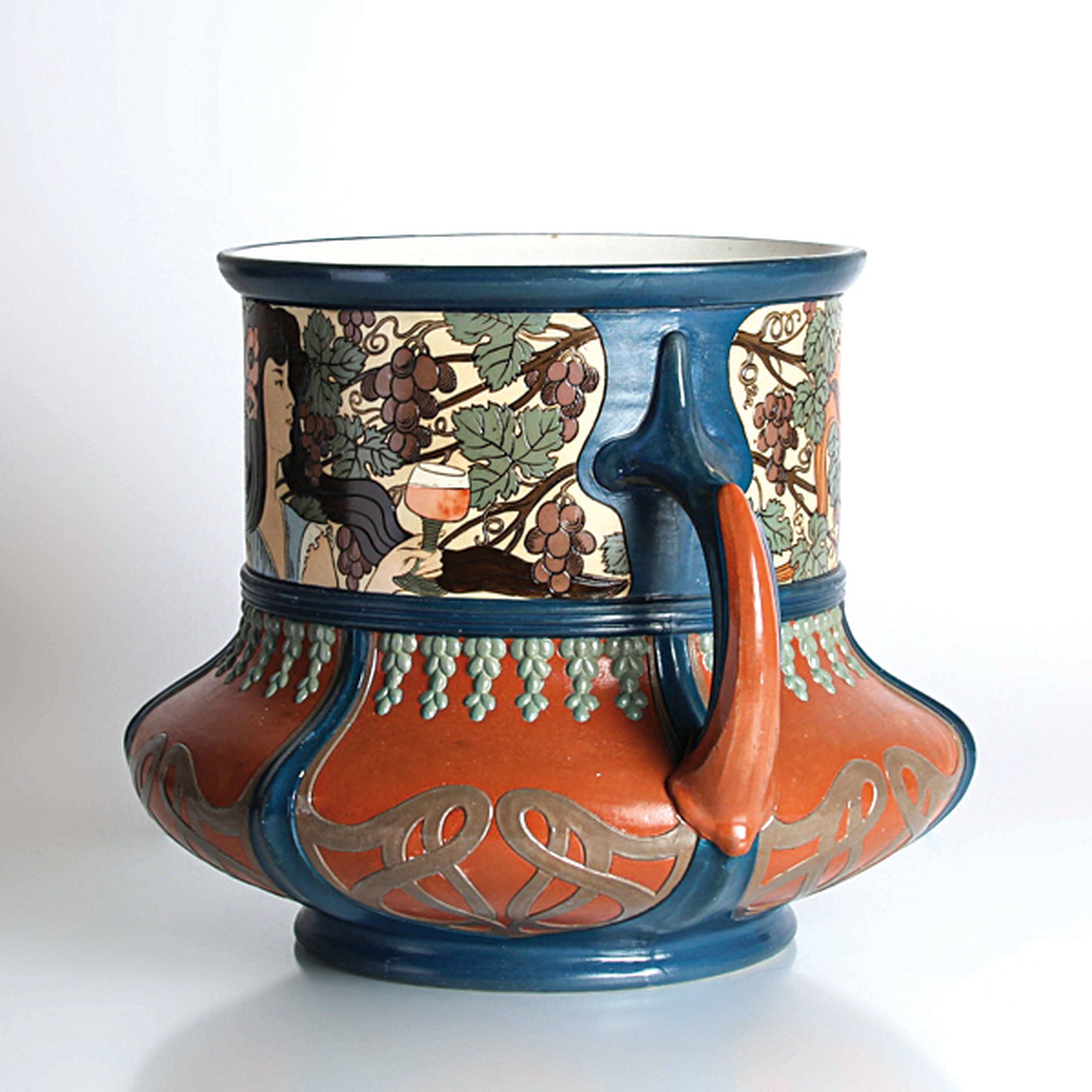 Detail e: Bowle/Gefäß, Jugendstil, Villeroy & Boch, Mettlach, Entwurf wohl Hans Christiansen, Modell 2814, 1909, Feinsteinzeug, bunt staffiert, z.T. geritzt, ...