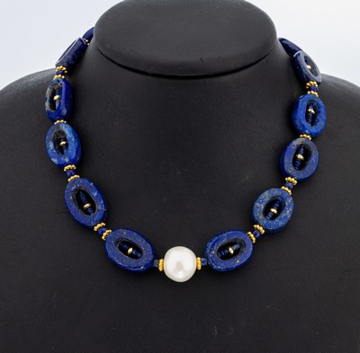 Image 26884489 - Lapislazuli-Perl-Collier, S-Schließe und Zwischenrondelle Silber vergoldet, ovale ...