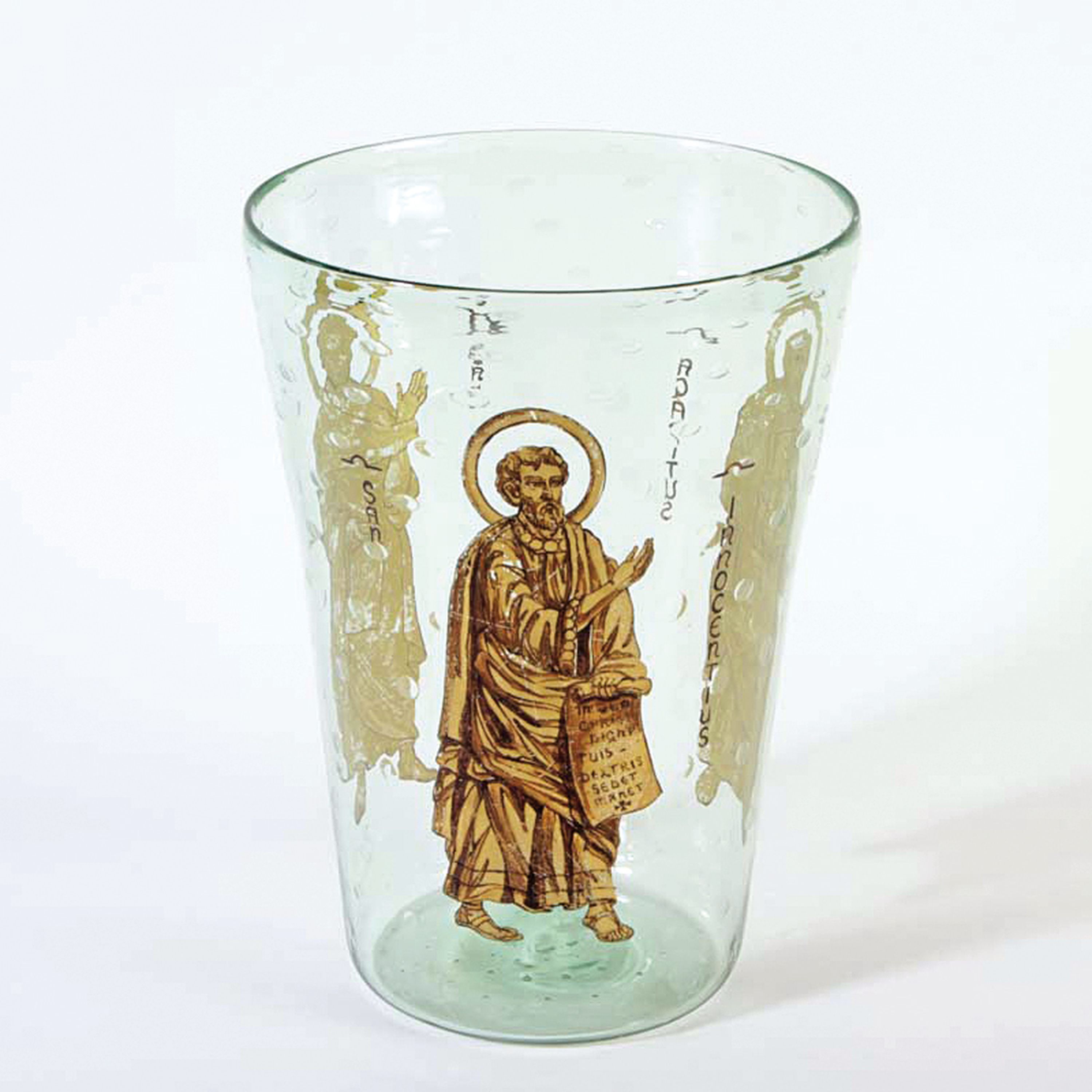 Große Bechervase, Venezia Murano,, 20. Jh., grünliches Glas mit eingestochenen Luftblasen,mit drei Heiligendarstellungen: San Agapitus; San ...