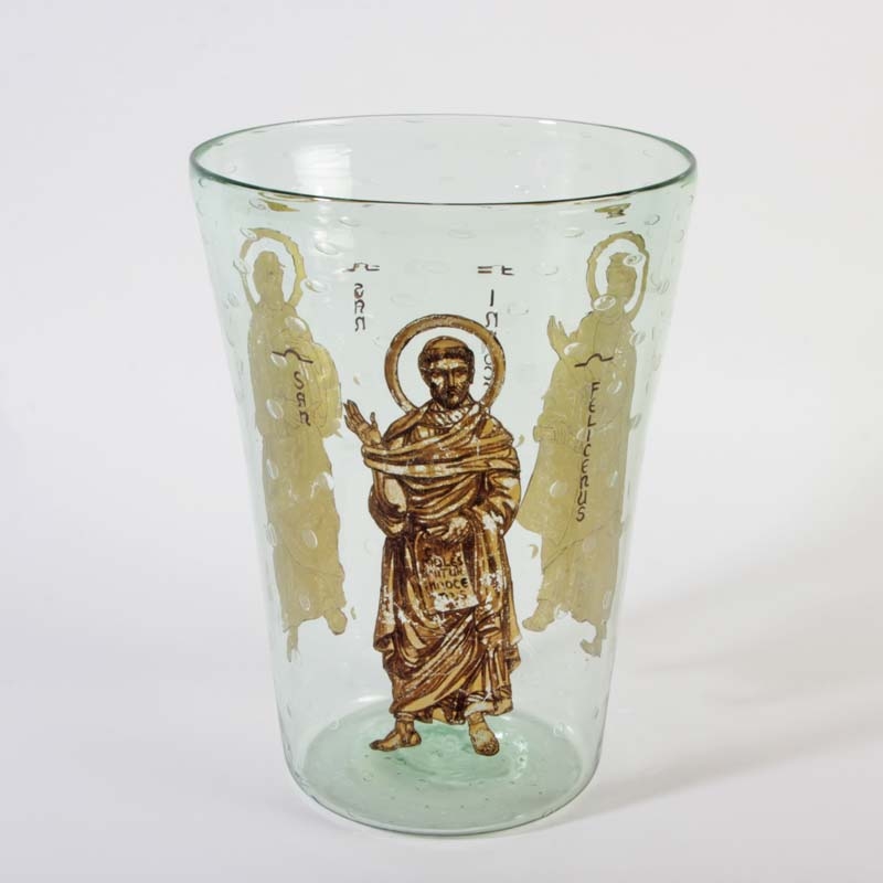 Detail a: Große Bechervase, Venezia Murano,, 20. Jh., grünliches Glas mit eingestochenen Luftblasen,mit drei Heiligendarstellungen: San Agapitus; San ...