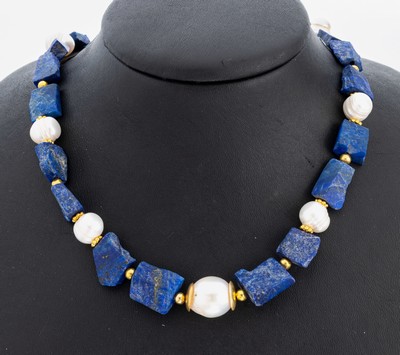Image 26884514 - Lapislazuli-Zuchtperl-Collier, Karabinerschließe und Zwischenmonturen Silber ...