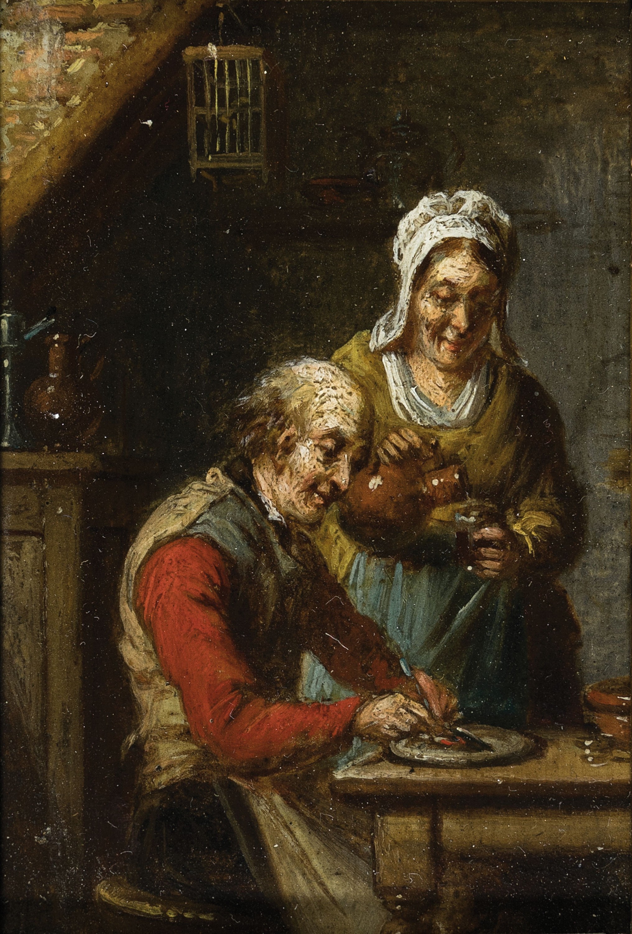 Unbekannter Künstler der Mitte des 19. Jh., 2 Pendants: Öl auf Holz, 1x älteres Paar in der Küche, 1x junges Paar beim Füttern des Säuglings,je ...