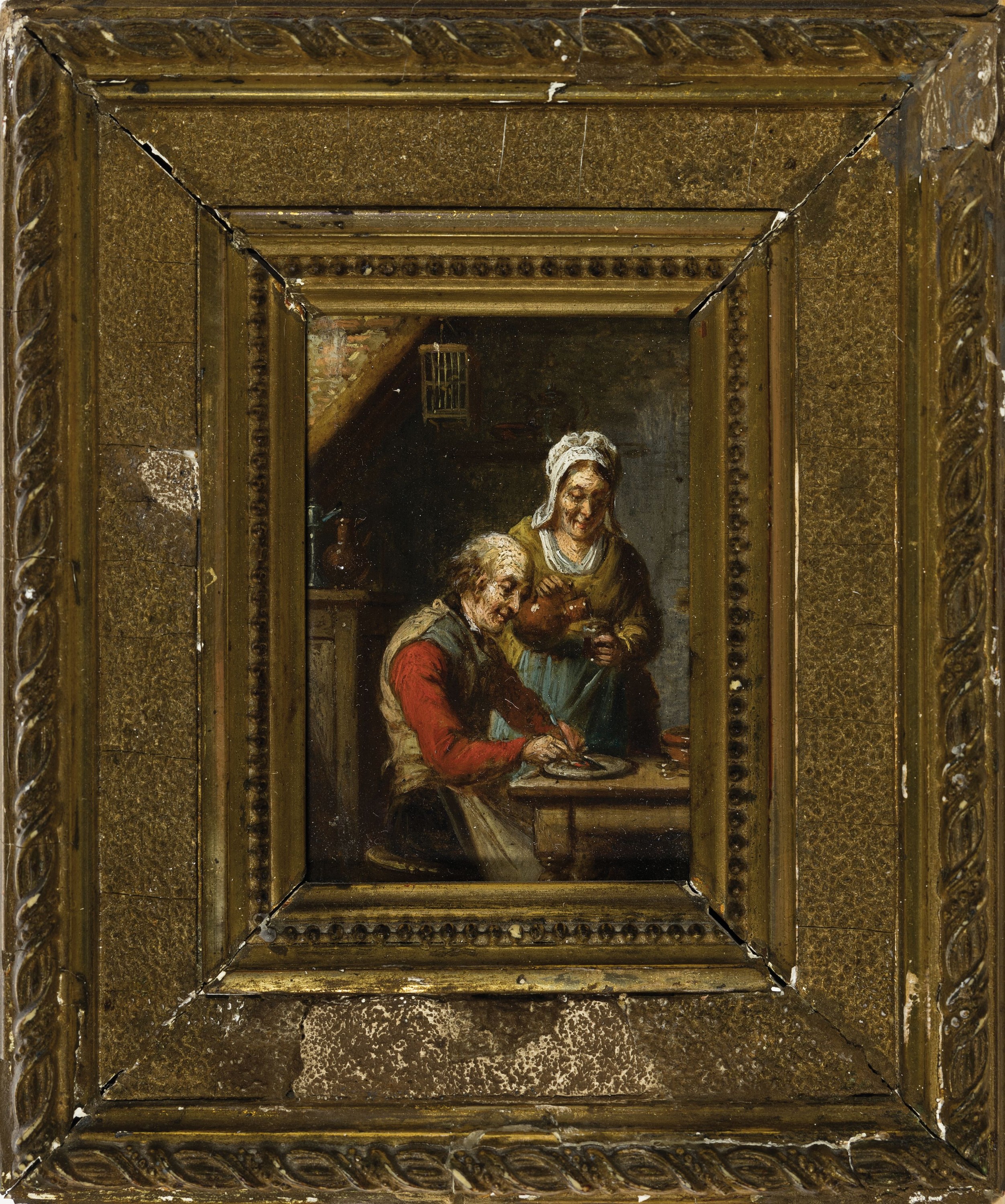 Detail k: Unbekannter Künstler der Mitte des 19. Jh., 2 Pendants: Öl auf Holz, 1x älteres Paar in der Küche, 1x junges Paar beim Füttern des Säuglings,je ...