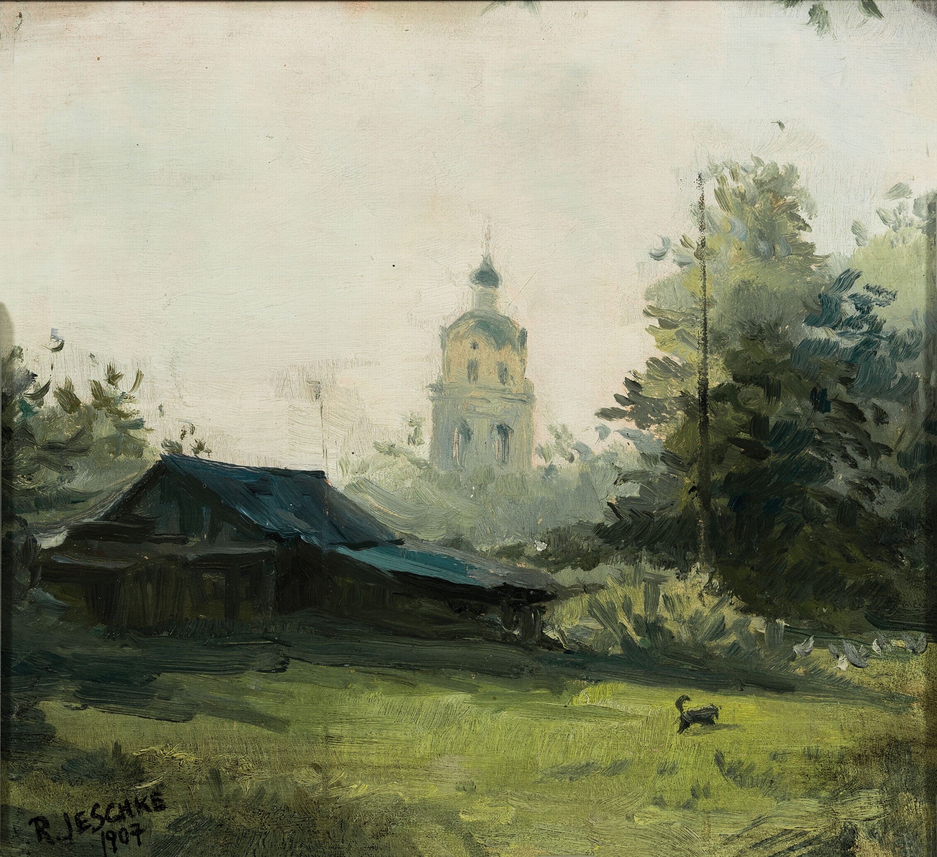 Richard Jeschke, 1871 Jüterbog-1924 Kassel, Blick über Wiese und Scheune auf einen Kirchturm, Öl/Lwd/Holz, links unten sign. und dat. 1907, ca. ...