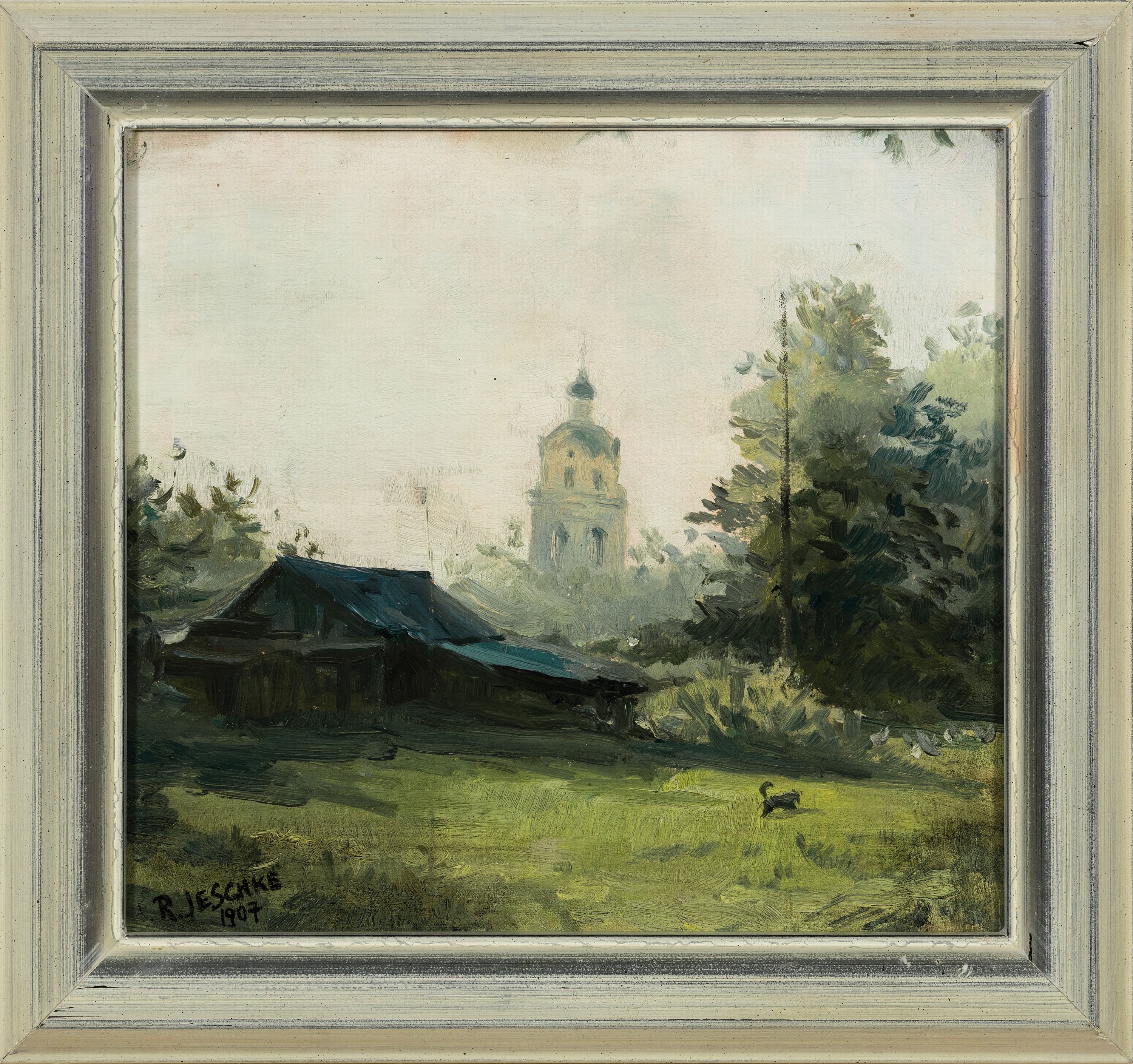 Detail k: Richard Jeschke, 1871 Jüterbog-1924 Kassel, Blick über Wiese und Scheune auf einen Kirchturm, Öl/Lwd/Holz, links unten sign. und dat. 1907, ca. ...