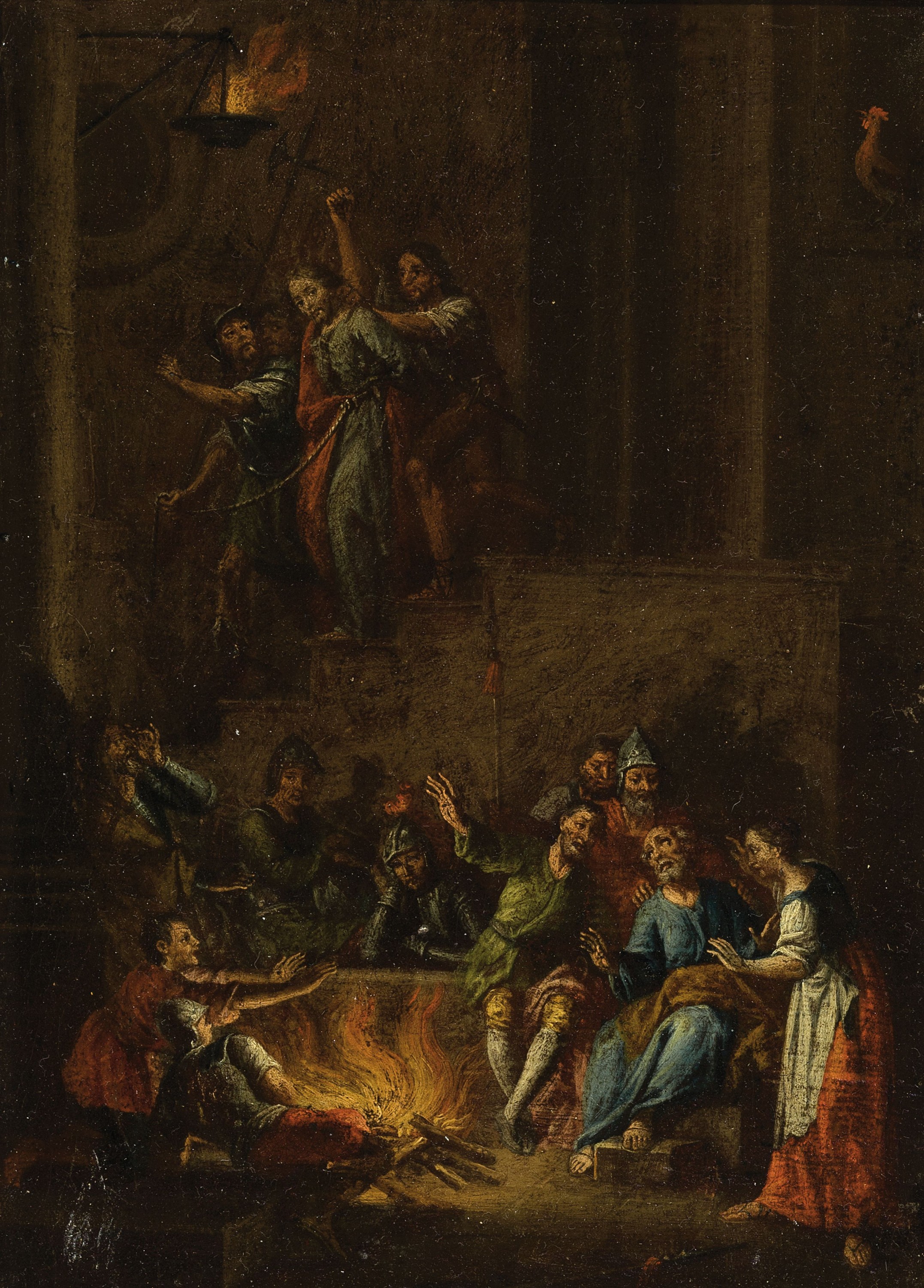 Unbekannter Maler des 19. Jh., Die Verleugnung des Petrus, Öl/Lwd, rest., im oeren teil wird Jesus abgeführt, unten sitzen die Apostel mit den ...