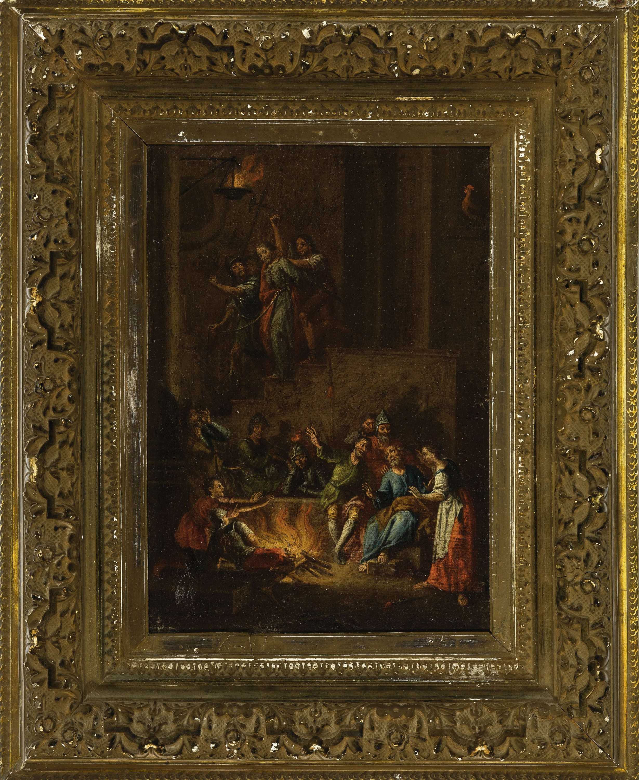 Detail k: Unbekannter Maler des 19. Jh., Die Verleugnung des Petrus, Öl/Lwd, rest., im oeren teil wird Jesus abgeführt, unten sitzen die Apostel mit den ...