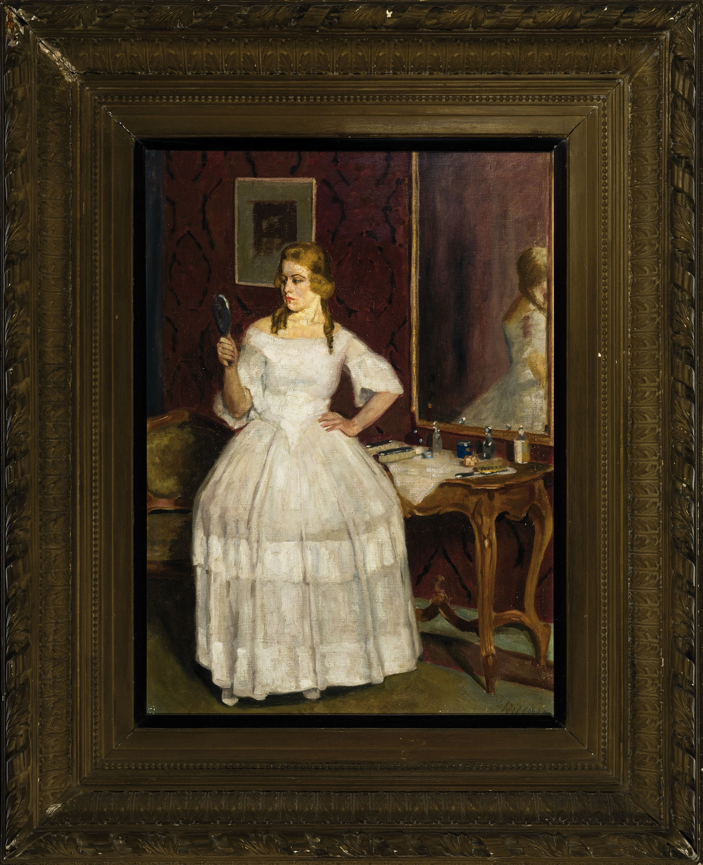 Detail k: Wilhelm Wiegmann, 1851-1920 Berlin, Junge Frau im Ballkleid vor Spiegel und Toilettentisch, Öl/Lwd, rechts unten sign., ca. 75x56cm, Prunkrahmen ...