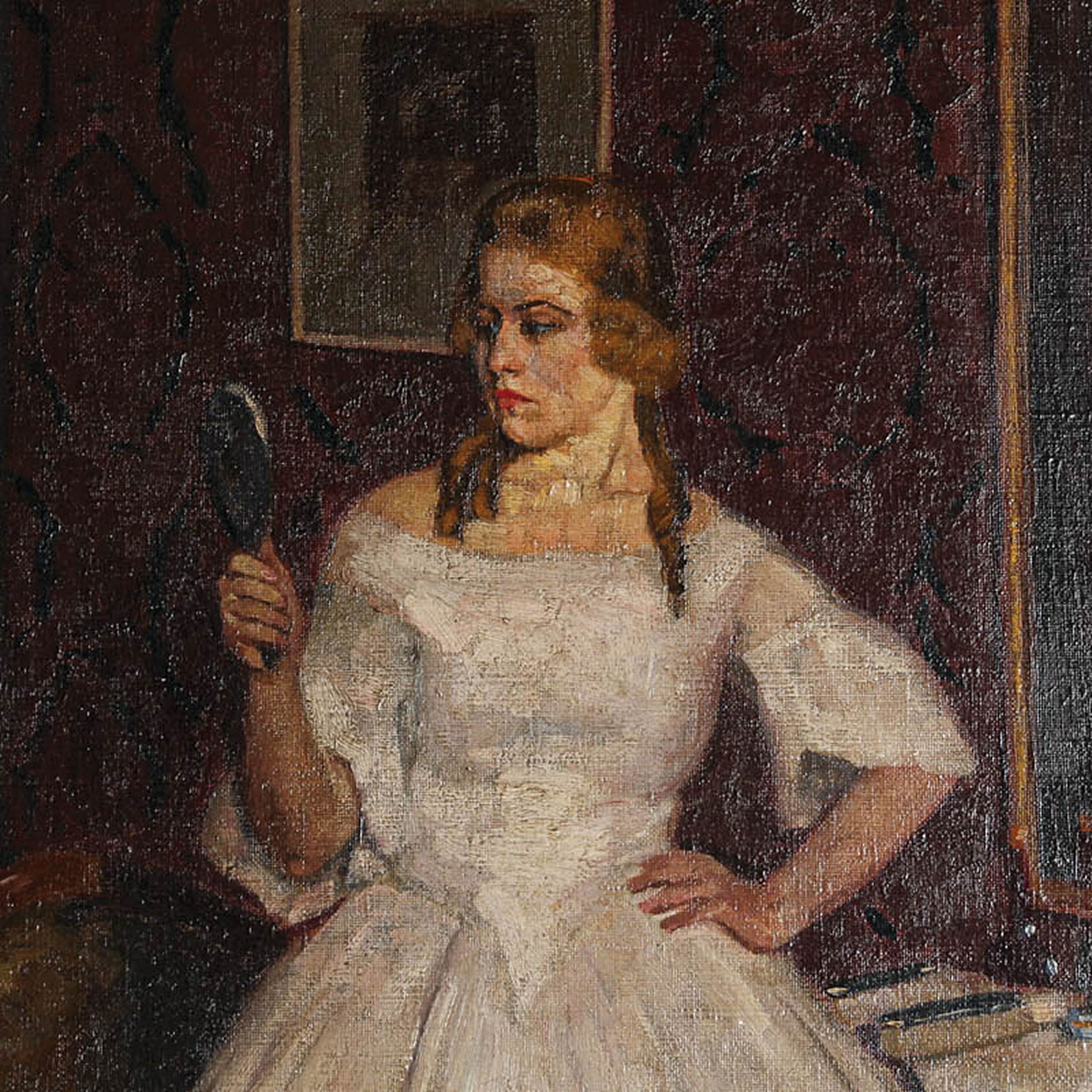 Detail l: Wilhelm Wiegmann, 1851-1920 Berlin, Junge Frau im Ballkleid vor Spiegel und Toilettentisch, Öl/Lwd, rechts unten sign., ca. 75x56cm, Prunkrahmen ...