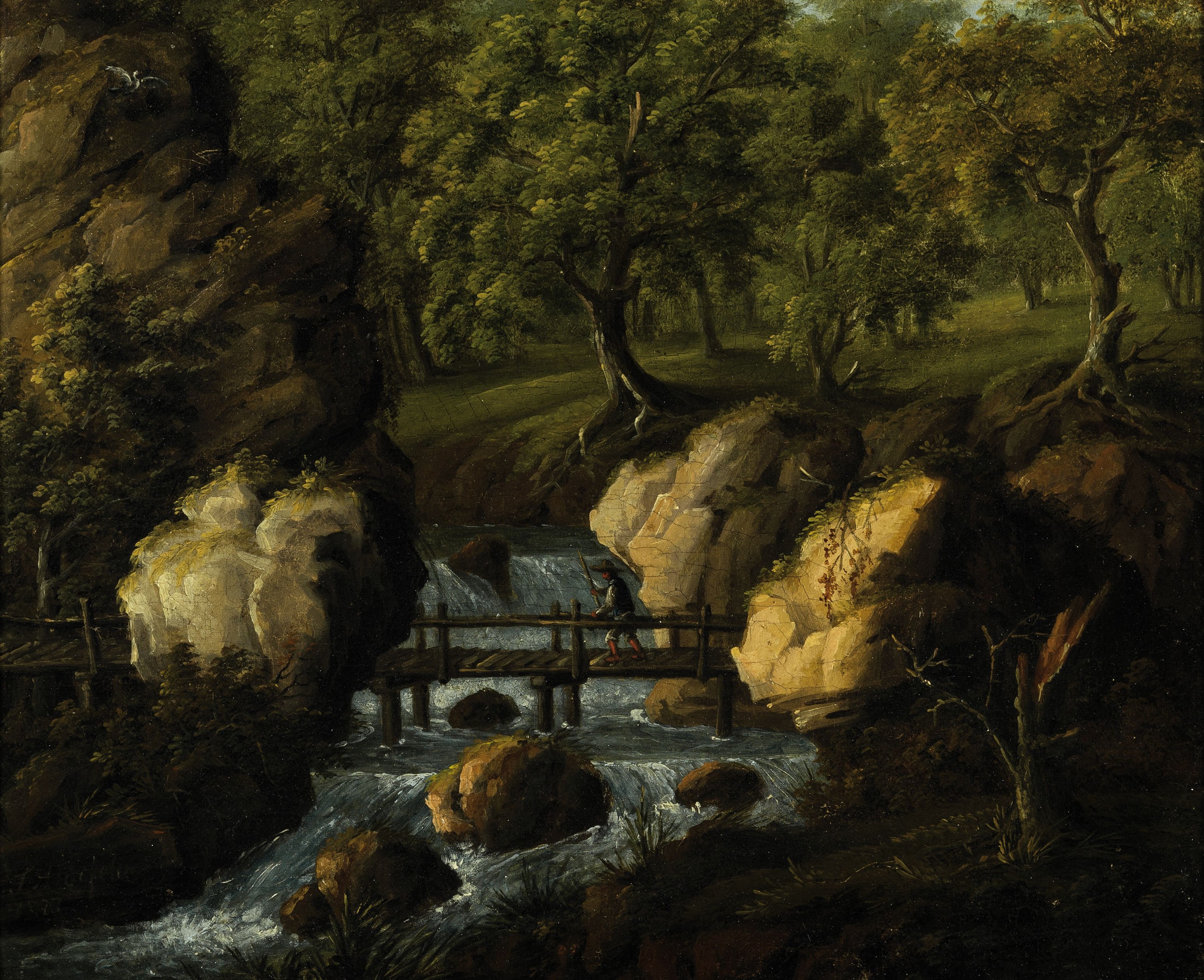 Ferdinand Aldefeld, erw. zwischen 1816 und 1830, Wanderer überquert einen Wildbach in bewaldeter Landschaft, Öl/Lwd, links unten schwer lesbar ...