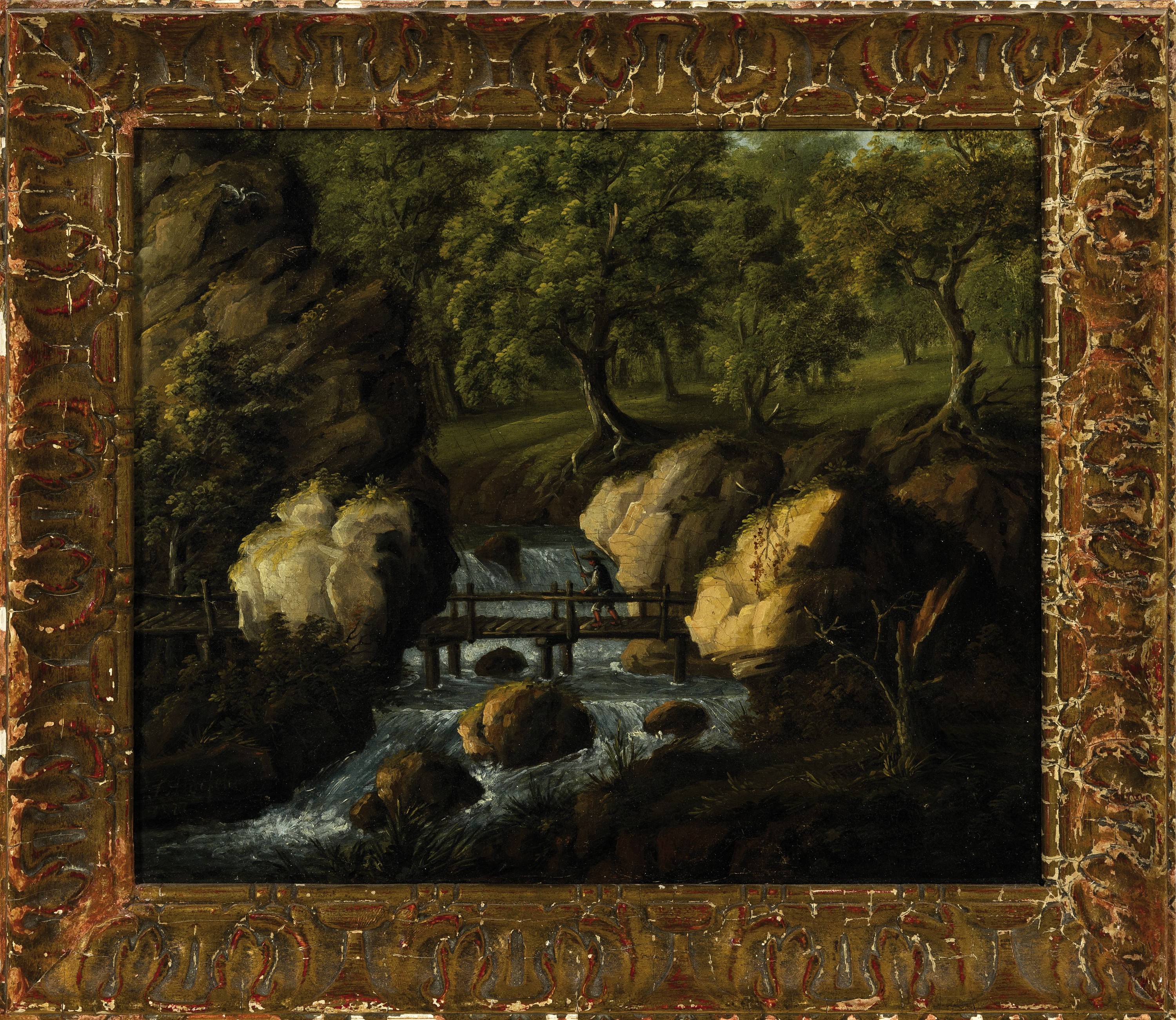Detail k: Ferdinand Aldefeld, erw. zwischen 1816 und 1830, Wanderer überquert einen Wildbach in bewaldeter Landschaft, Öl/Lwd, links unten schwer lesbar ...