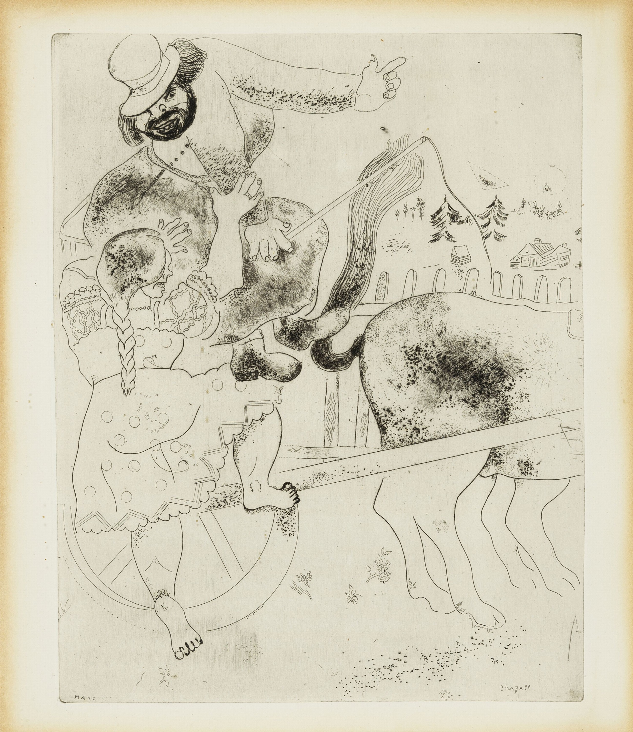 Marc Chagall, 1887-1985, Radierung, "Das Erklären des Weges" aus der Reihe "Nicolai Gogol: Die toten Seelen (Les Ames mortes)", ...