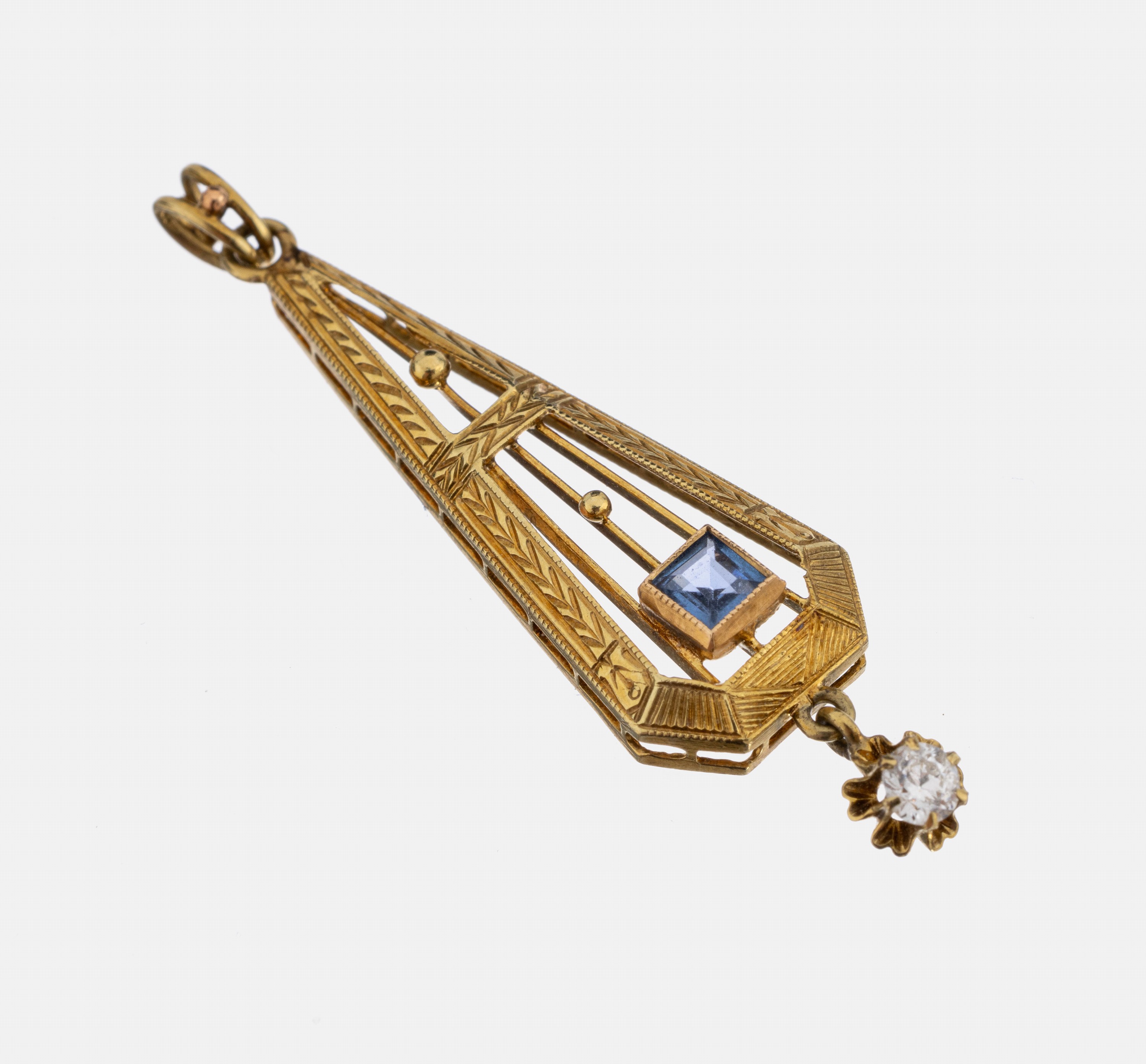 14 kt Gold Saphir-Brillant-Anhänger, GG 585/000, um 1910, Saphir-Karree ca. 0.10 ct, Brillant ca. 0.07 Weiß/si, ca. 1.6 g, L. ca. 4 cm