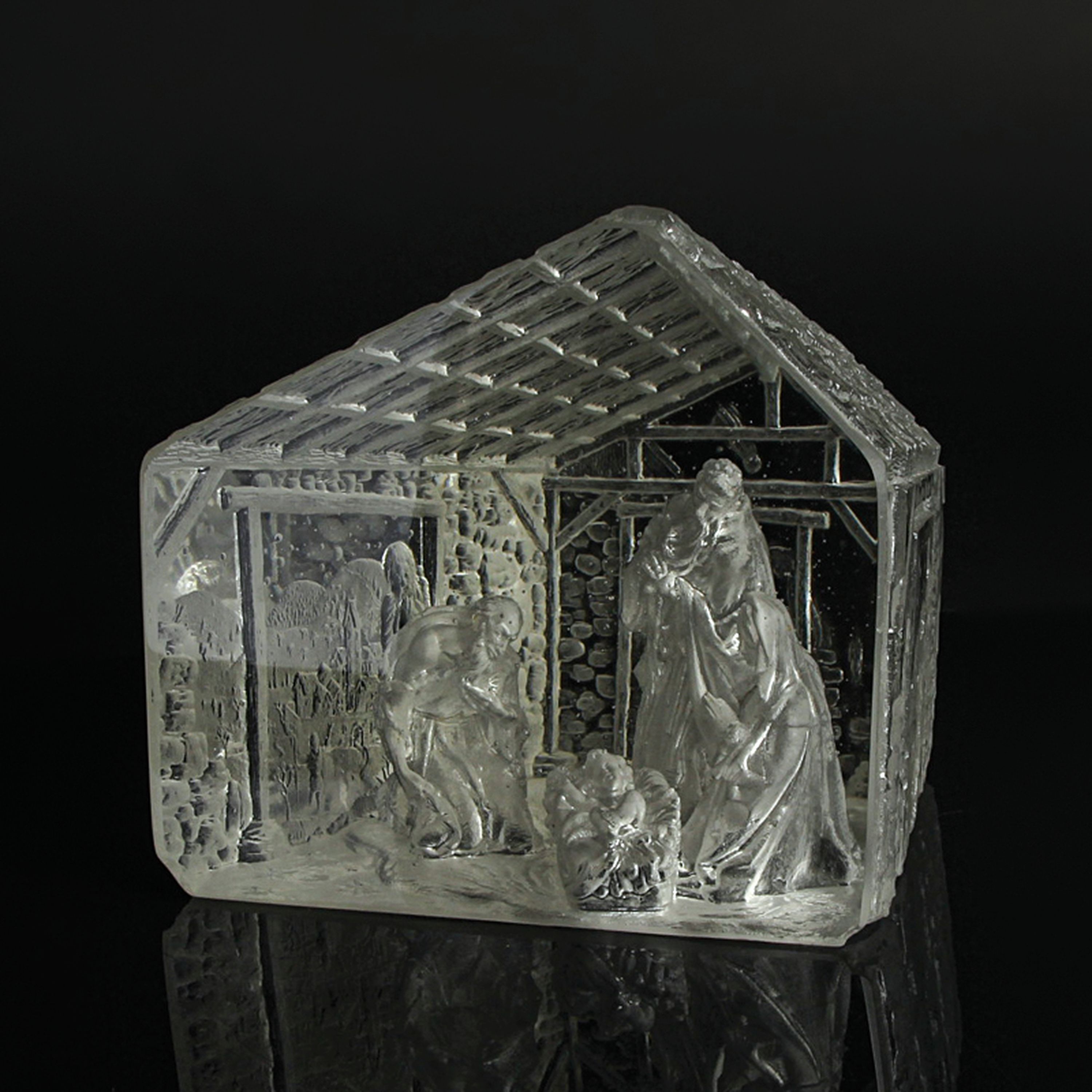 Glaskunst-Objekt, Kristian Klepsch, Mizzi Glashütte, Uttendorf, Weihnachtskrippe, farbloses Glas, geschliffen und geätzt, mehrdimensionaler Dekor, ...