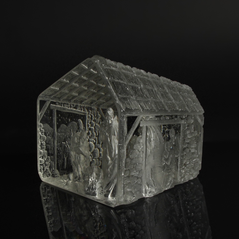 Detail d: Glaskunst-Objekt, Kristian Klepsch, Mizzi Glashütte, Uttendorf, Weihnachtskrippe, farbloses Glas, geschliffen und geätzt, mehrdimensionaler Dekor, ...