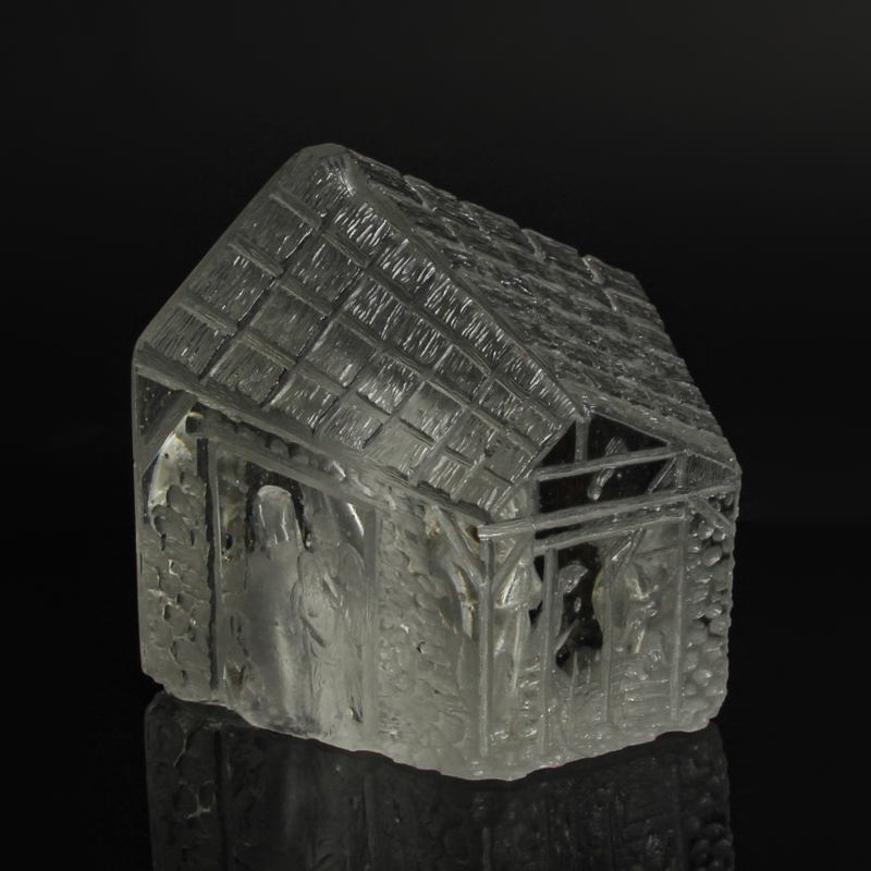 Detail e: Glaskunst-Objekt, Kristian Klepsch, Mizzi Glashütte, Uttendorf, Weihnachtskrippe, farbloses Glas, geschliffen und geätzt, mehrdimensionaler Dekor, ...
