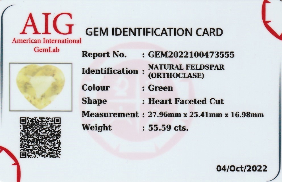 Detail b: Loser Orthoklas, ca. 55.59 ct, facett. Herz, AIG Identification Card anbei