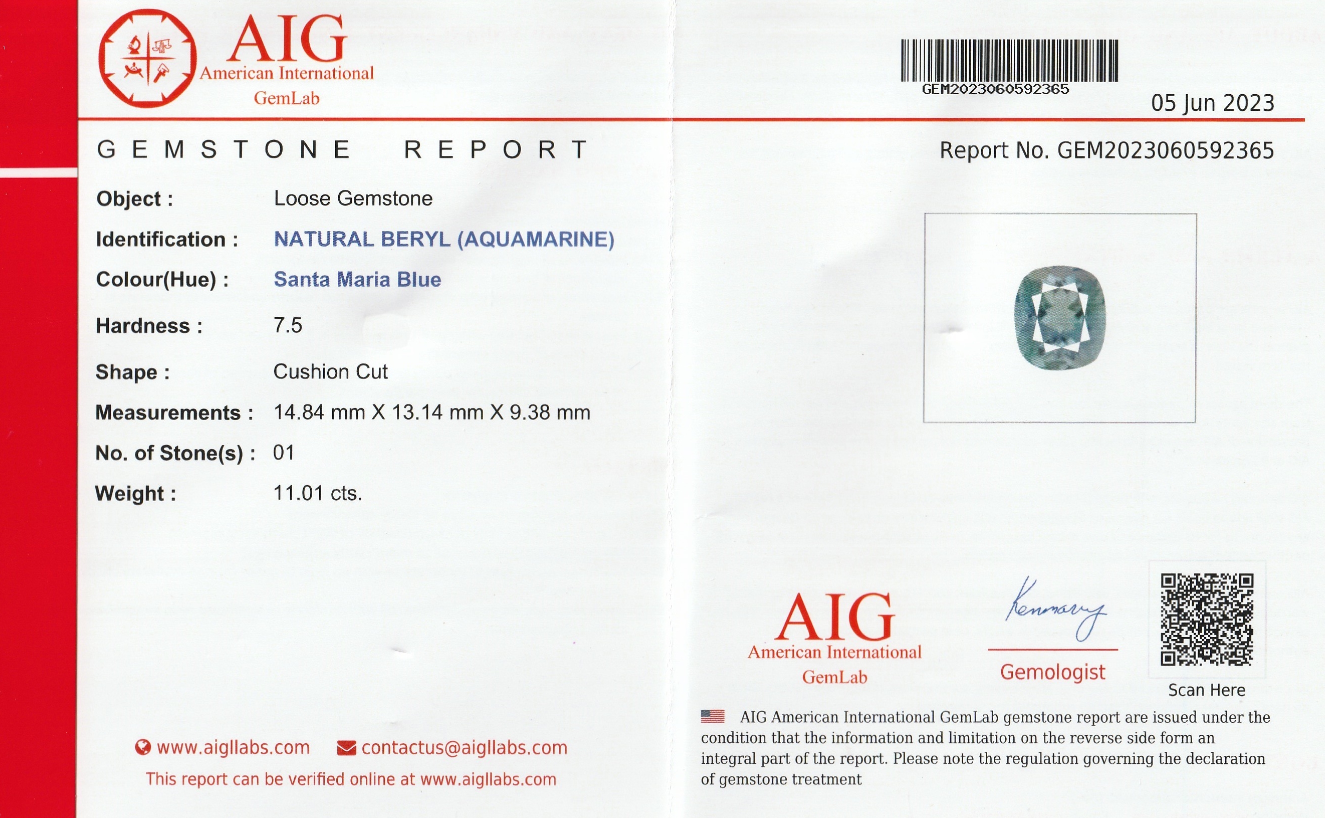 Detail c: Loser Aquamarin, ca. 11.01 ct, Cushion Cut Farbe Santa Maria Blau, AIG-Expertise anbei