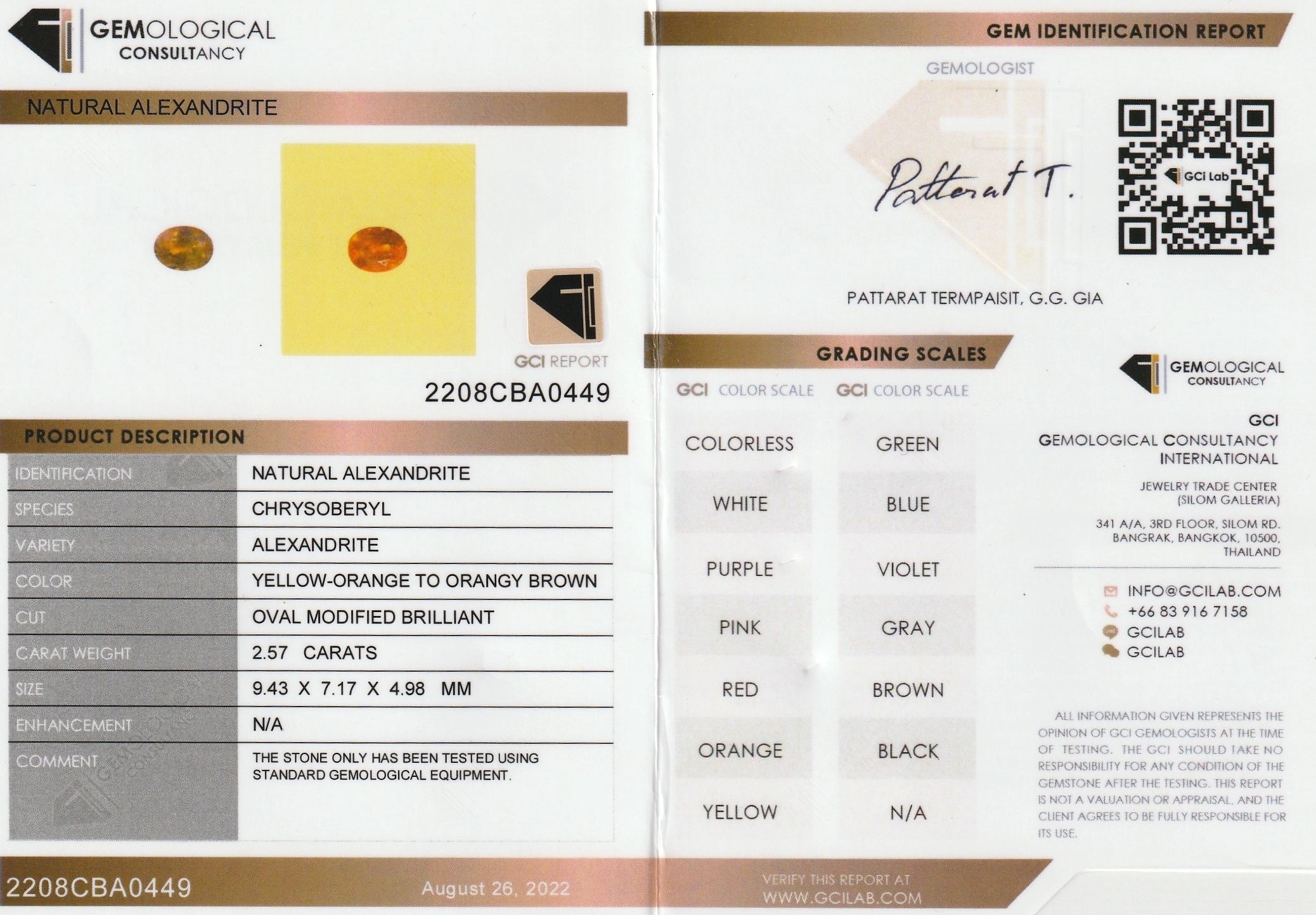 Detail c: Loser Alexandrit, ca. 2.57 ct, ovalfacett., yellow-orange to orangy brown, mit GemologicalConsultancy Expertise