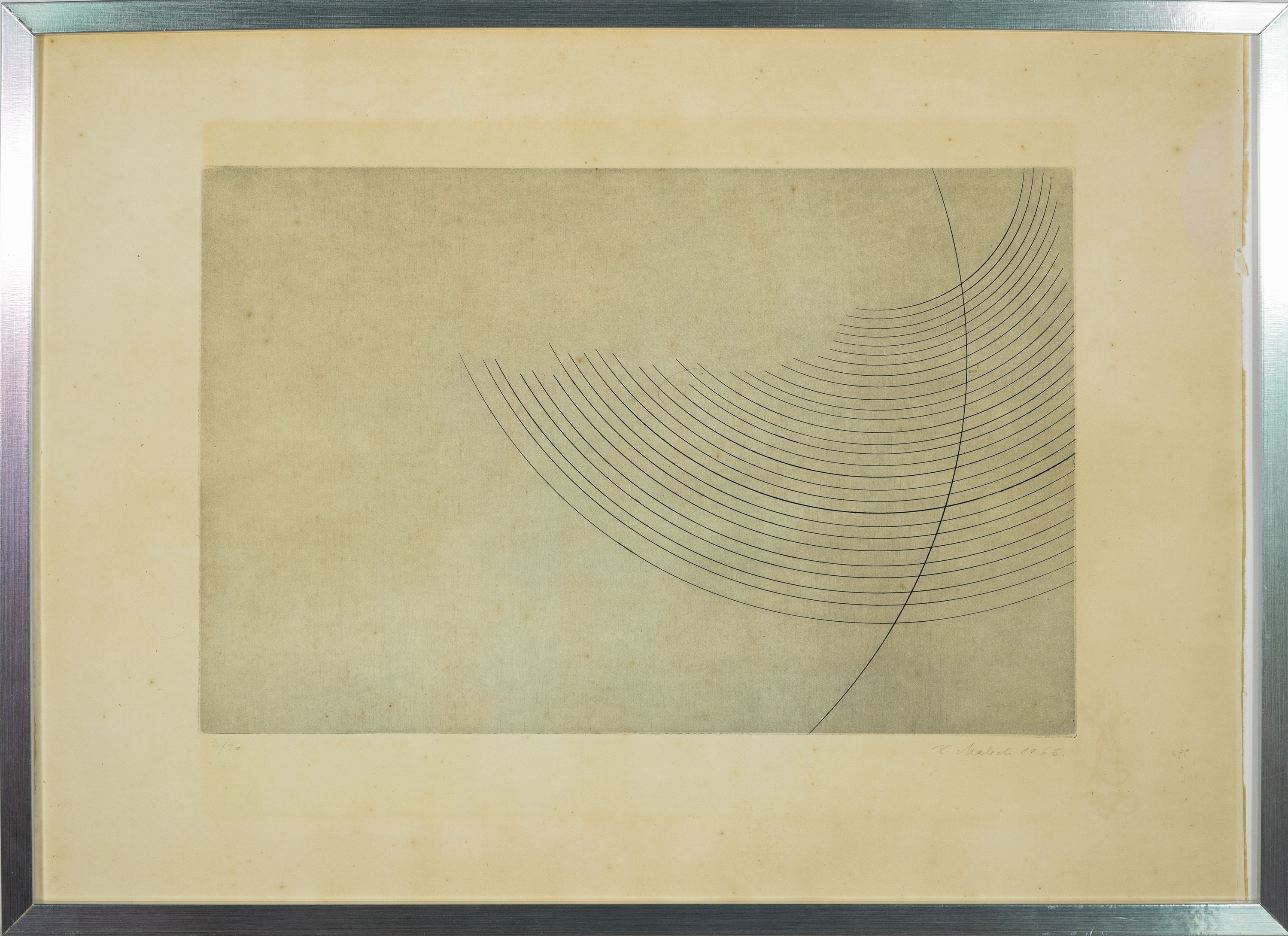 Detail k: Karel Malich, 1924-2019, Ohne Titel, Radierung, handsigniert und num. 2/20, gebräunt und leicht stockfleckig, ca. 32x 49.5cm, u.Gl., R. ca. 53x73cm