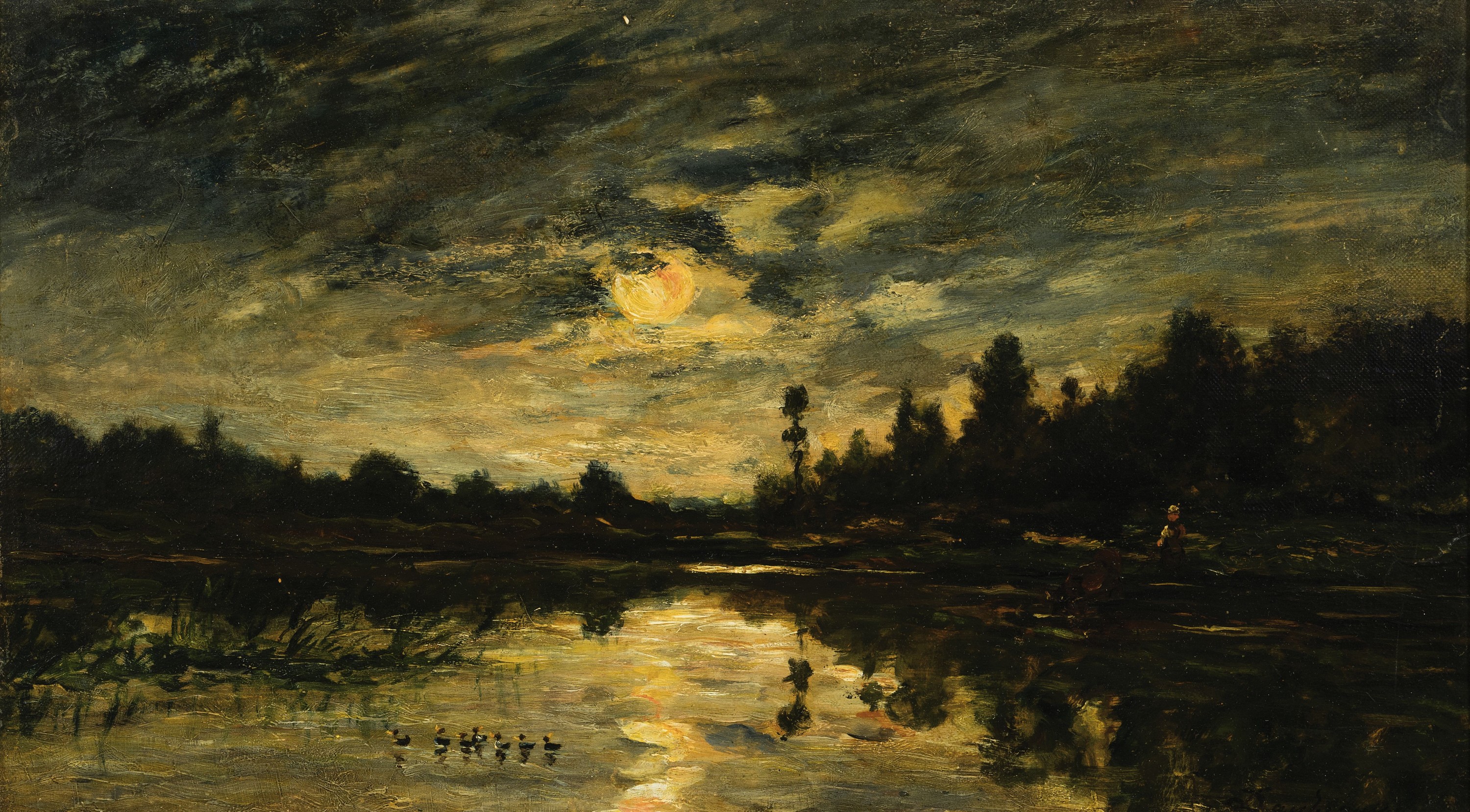 Maler der Schule von Barbizon, 2.Hälfte 19.Jh., Blick auf einen See im Licht des Vollmondes, Enten und Bäuerin mit Rind am Ufer, Öl/Lwd, rechts ...