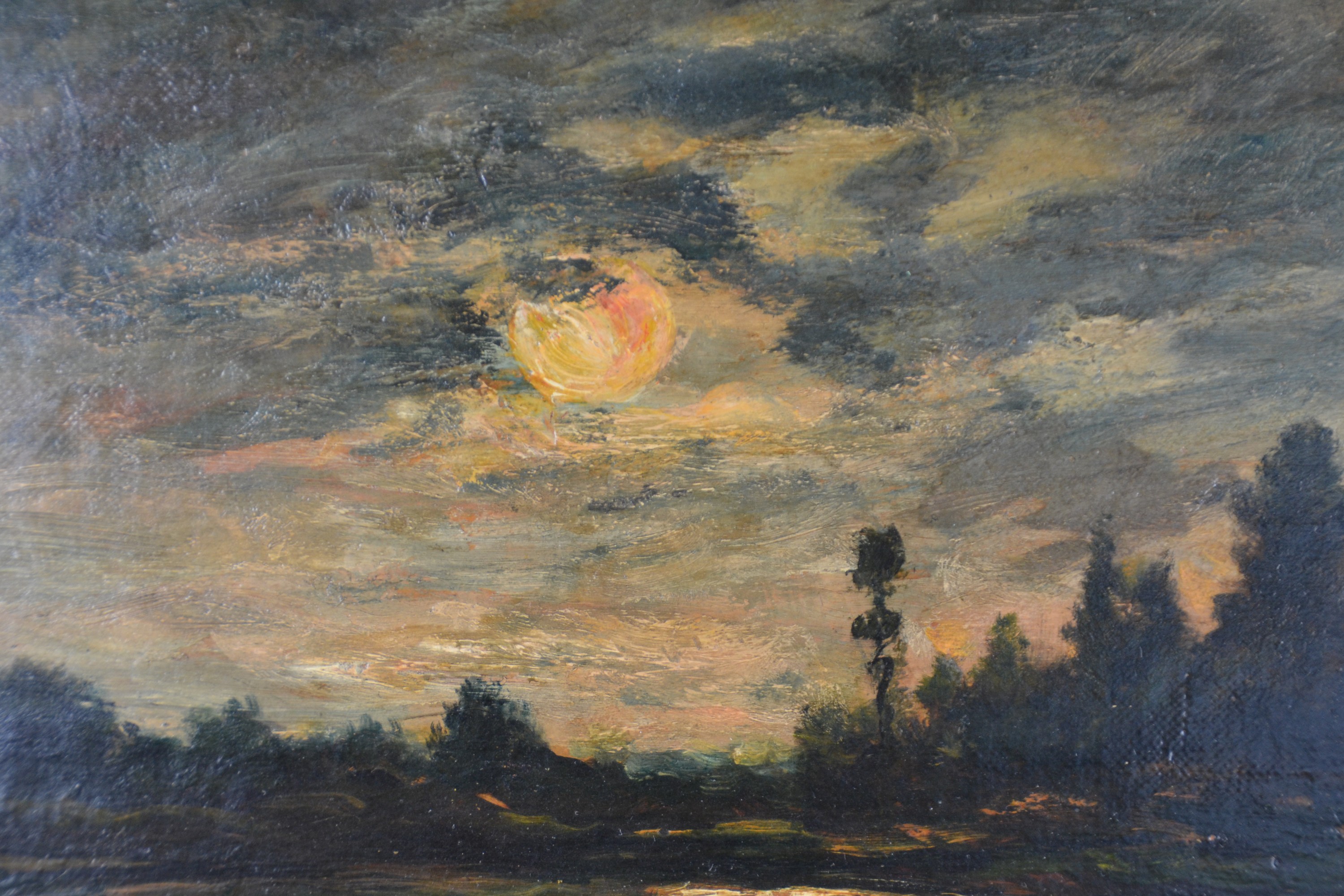 Detail b: Maler der Schule von Barbizon, 2.Hälfte 19.Jh., Blick auf einen See im Licht des Vollmondes, Enten und Bäuerin mit Rind am Ufer, Öl/Lwd, rechts ...