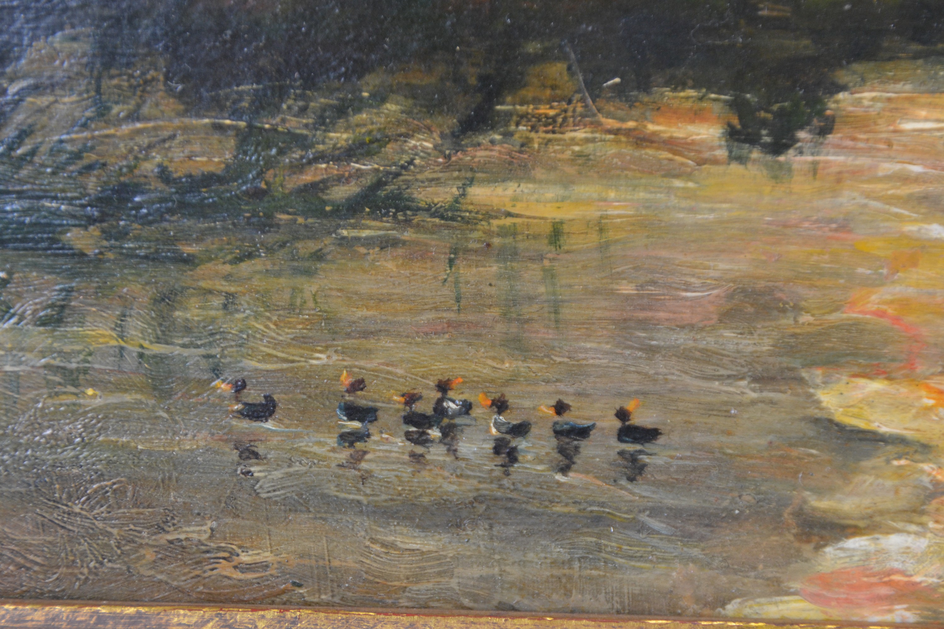 Detail c: Maler der Schule von Barbizon, 2.Hälfte 19.Jh., Blick auf einen See im Licht des Vollmondes, Enten und Bäuerin mit Rind am Ufer, Öl/Lwd, rechts ...