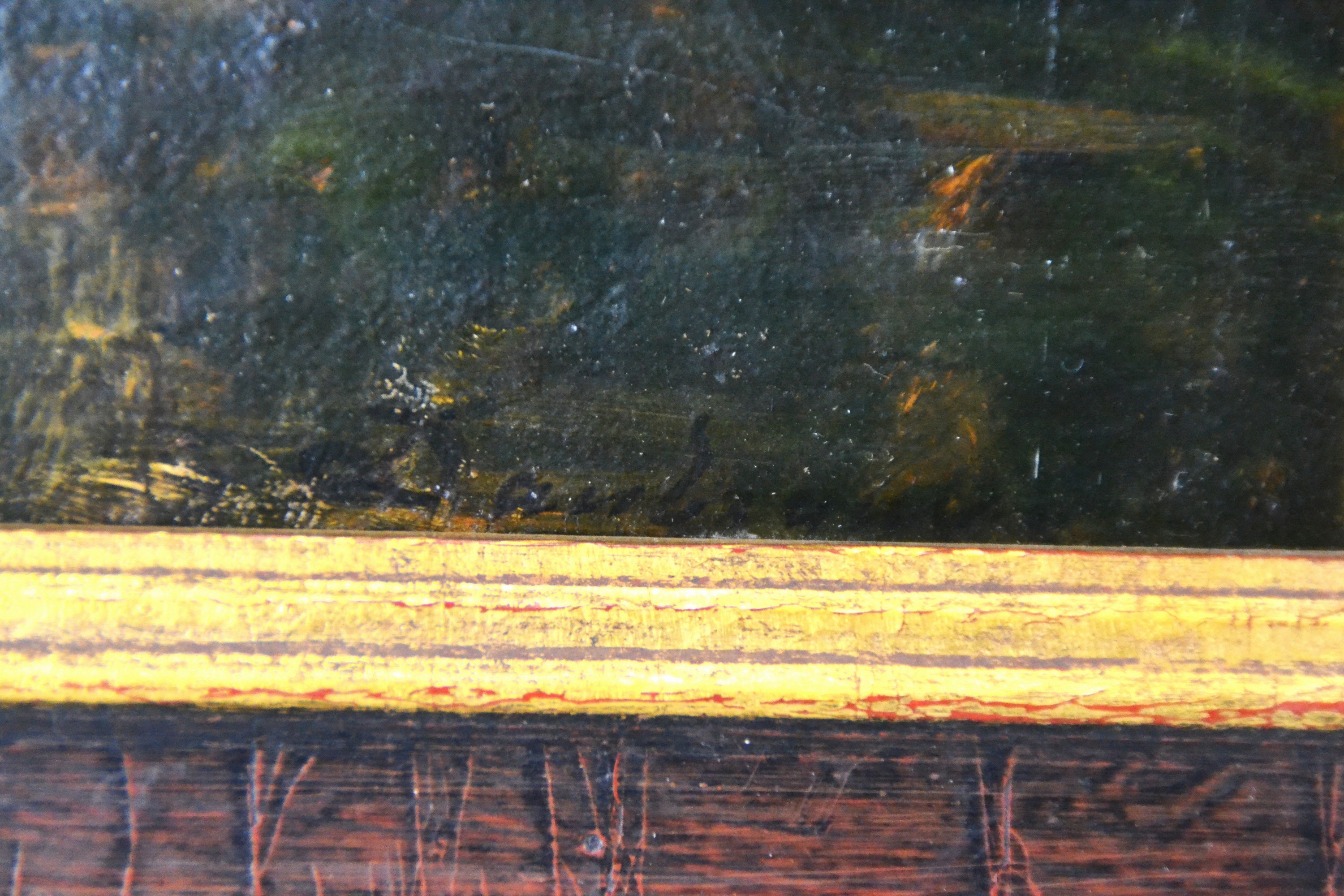Detail d: Maler der Schule von Barbizon, 2.Hälfte 19.Jh., Blick auf einen See im Licht des Vollmondes, Enten und Bäuerin mit Rind am Ufer, Öl/Lwd, rechts ...