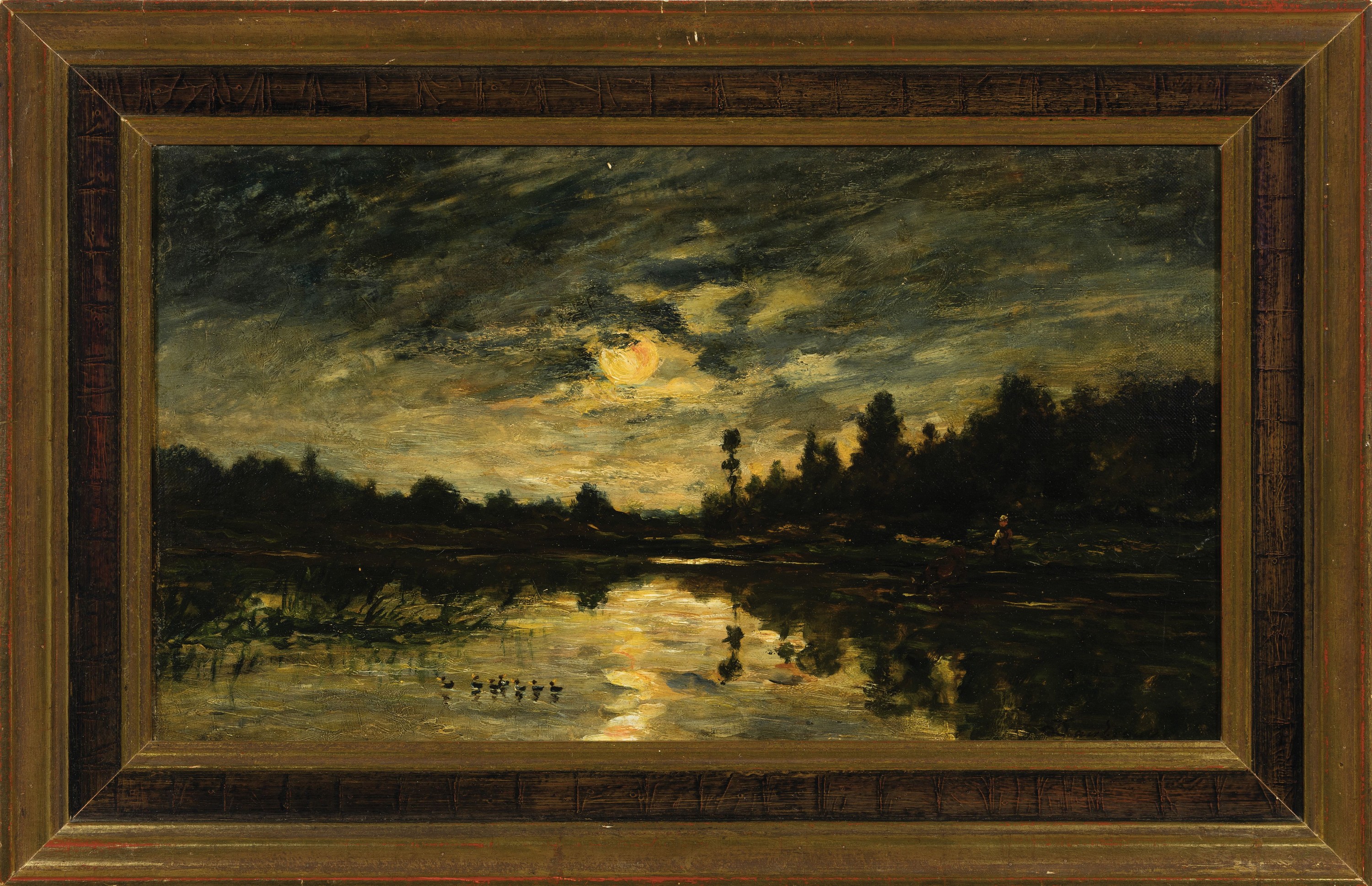 Detail k: Maler der Schule von Barbizon, 2.Hälfte 19.Jh., Blick auf einen See im Licht des Vollmondes, Enten und Bäuerin mit Rind am Ufer, Öl/Lwd, rechts ...