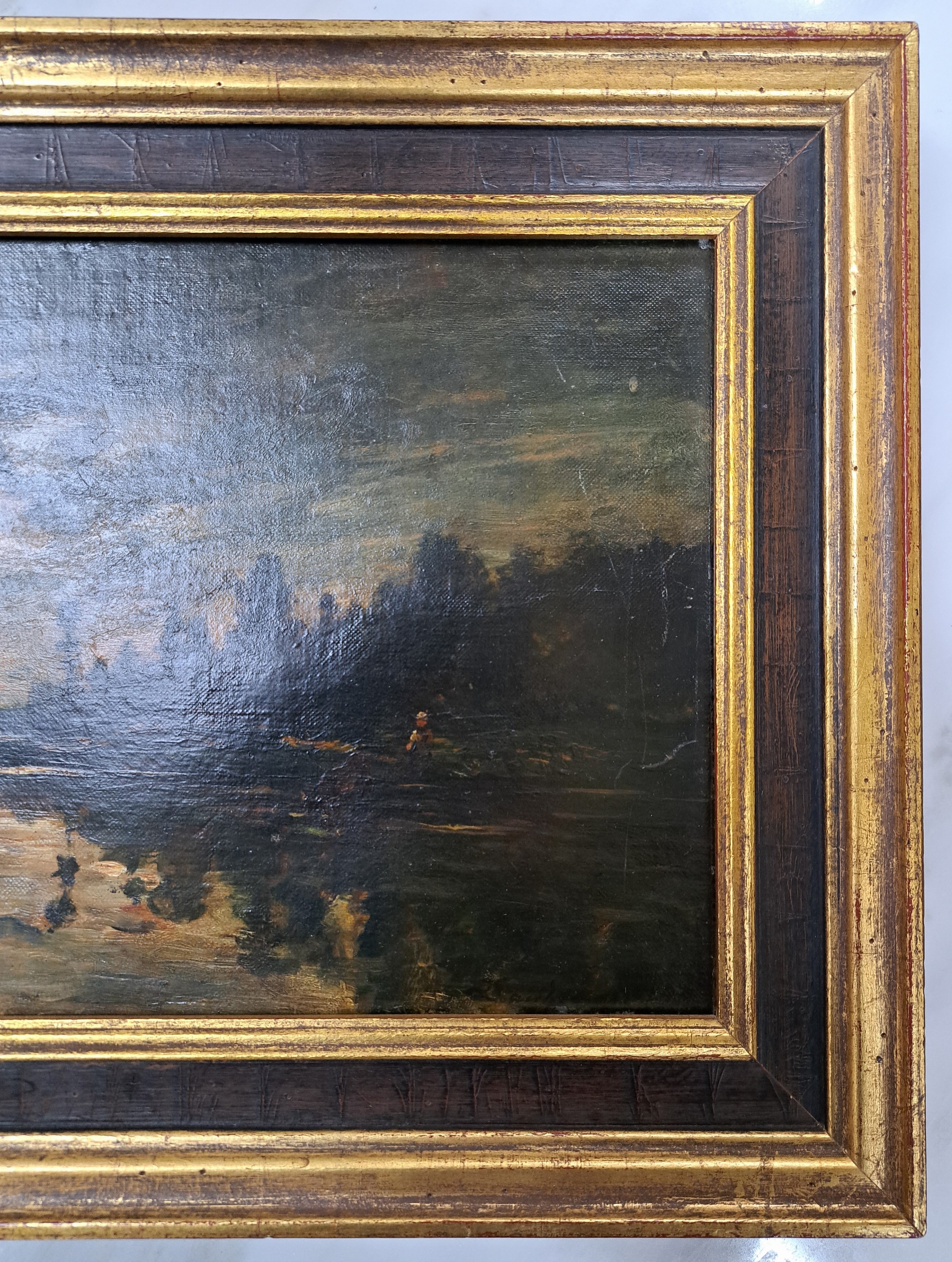 Detail l: Maler der Schule von Barbizon, 2.Hälfte 19.Jh., Blick auf einen See im Licht des Vollmondes, Enten und Bäuerin mit Rind am Ufer, Öl/Lwd, rechts ...