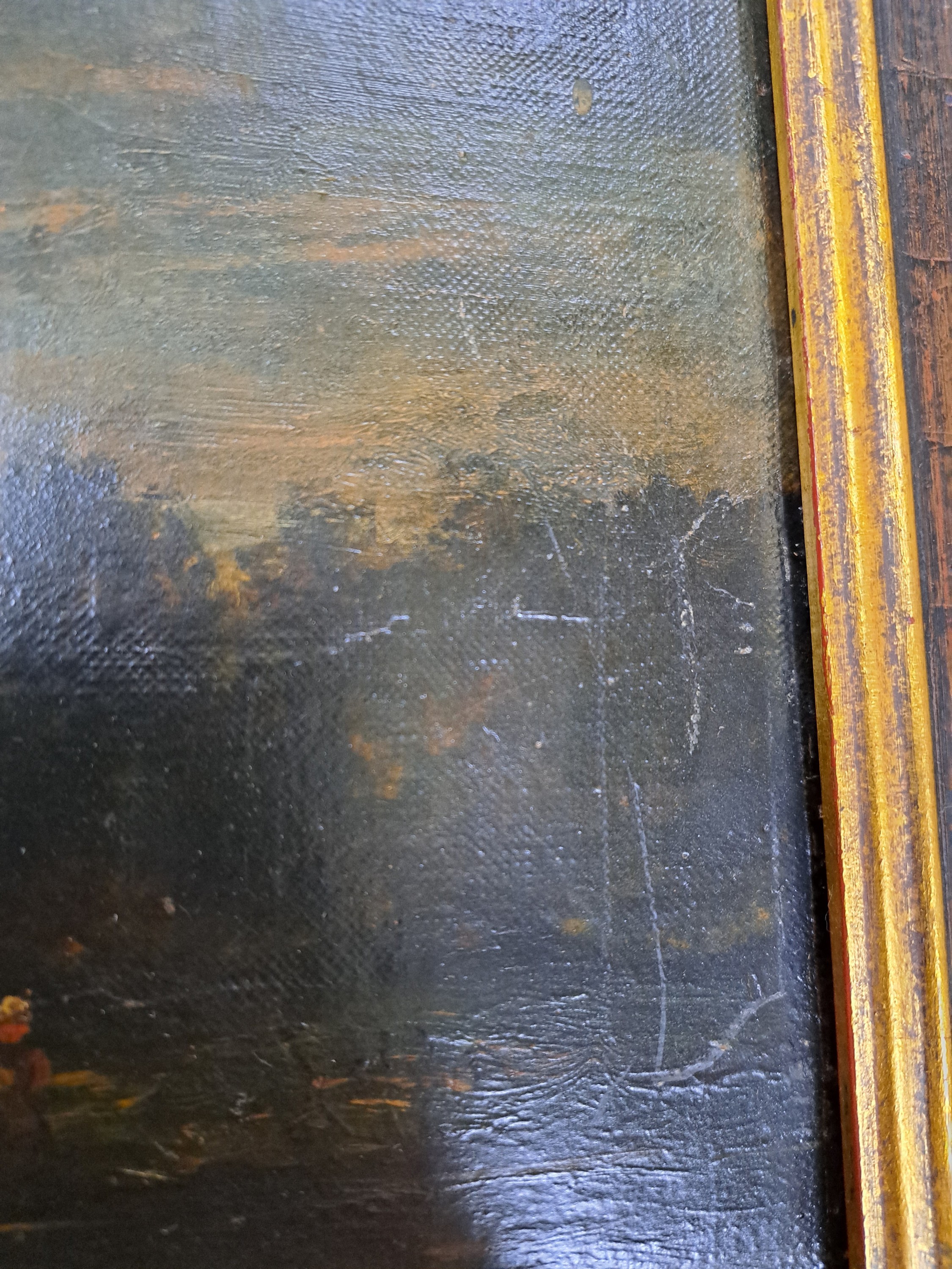 Detail m: Maler der Schule von Barbizon, 2.Hälfte 19.Jh., Blick auf einen See im Licht des Vollmondes, Enten und Bäuerin mit Rind am Ufer, Öl/Lwd, rechts ...
