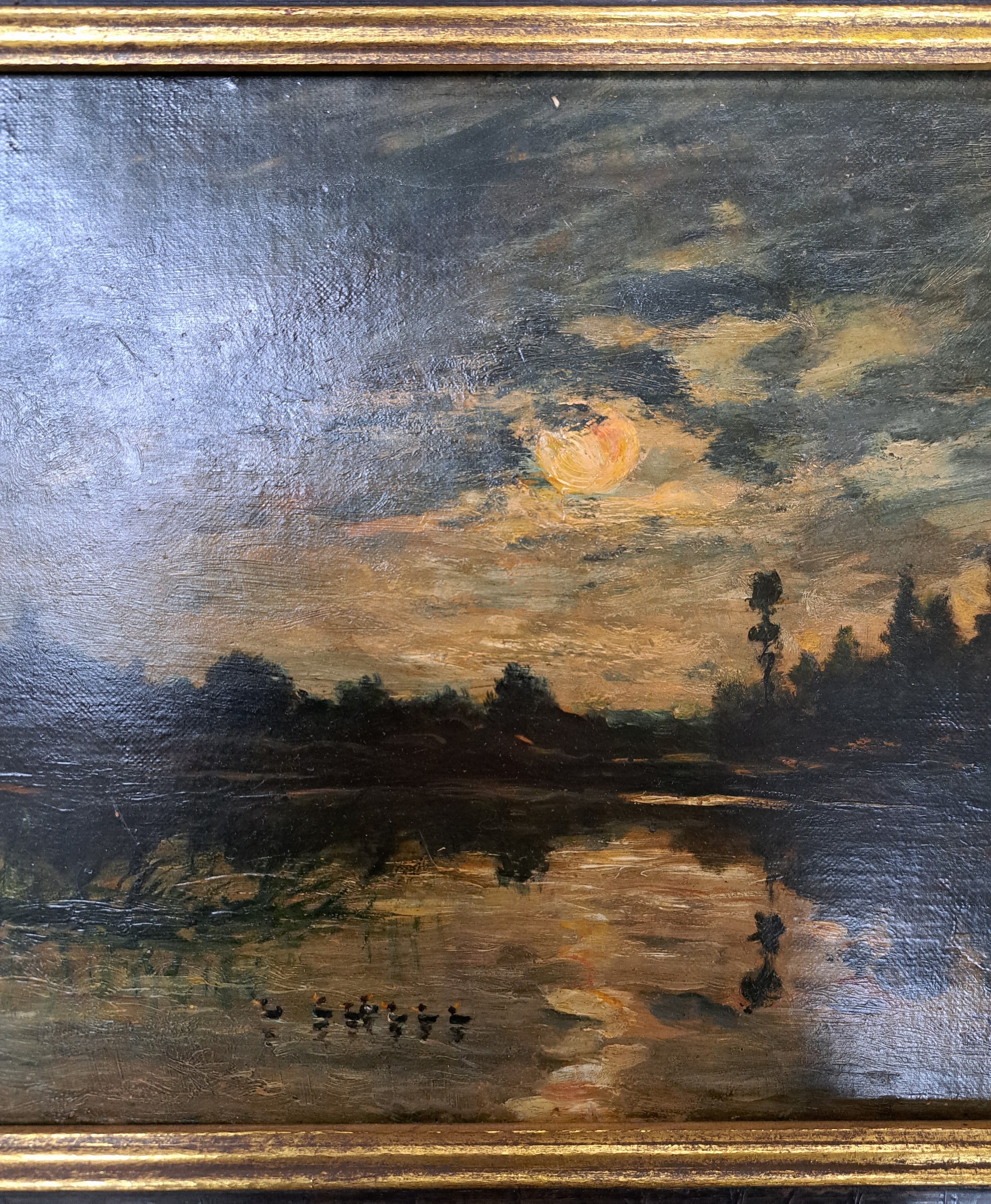 Detail n: Maler der Schule von Barbizon, 2.Hälfte 19.Jh., Blick auf einen See im Licht des Vollmondes, Enten und Bäuerin mit Rind am Ufer, Öl/Lwd, rechts ...