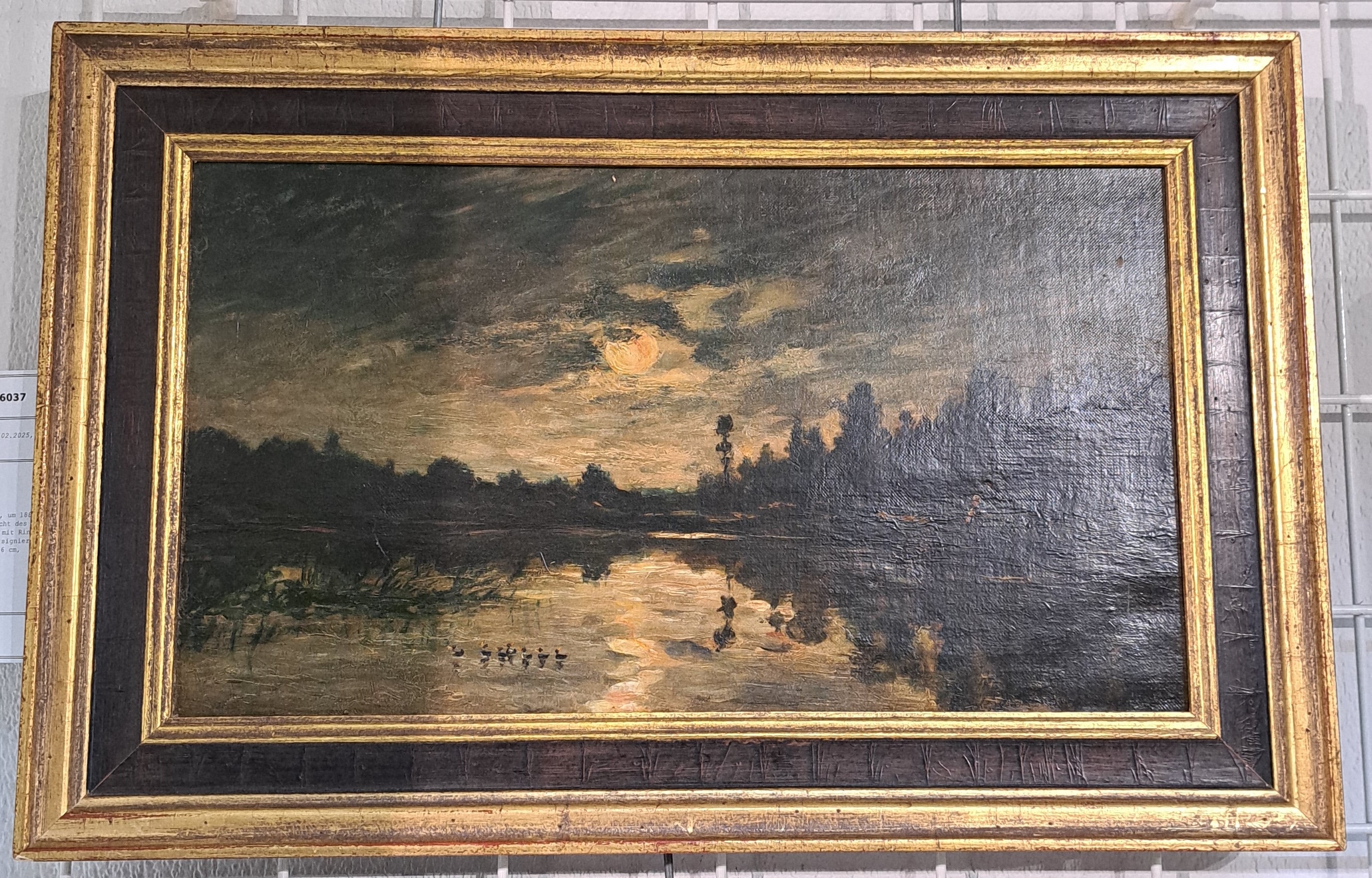 Detail p: Maler der Schule von Barbizon, 2.Hälfte 19.Jh., Blick auf einen See im Licht des Vollmondes, Enten und Bäuerin mit Rind am Ufer, Öl/Lwd, rechts ...