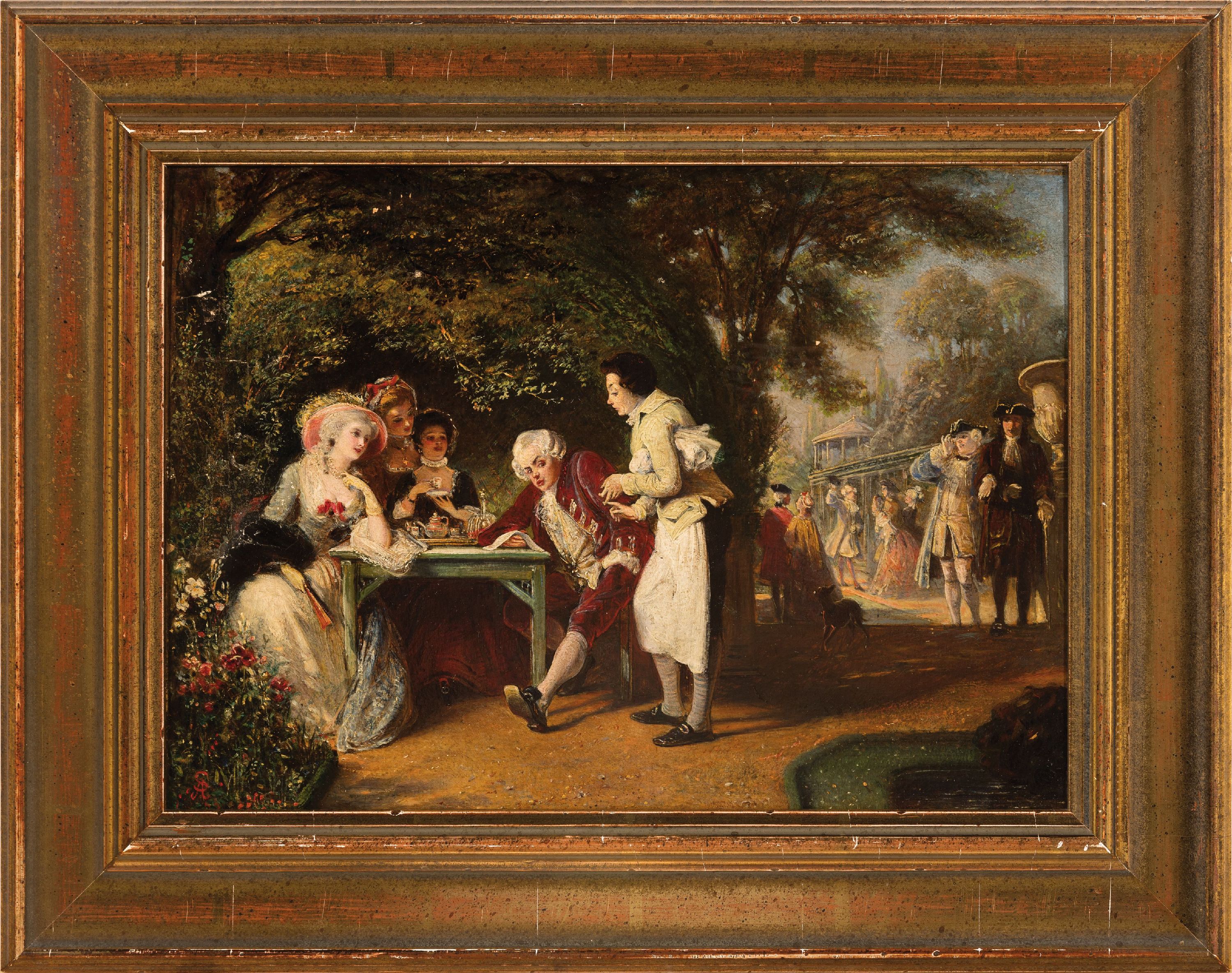 Detail k: Abraham Solomon, 1824 London-1862 Biaritz, fete galante, karikierende Darstellung eines geizigen Adligen in Gesellschaft, vielfigurige Szene, wohl ...