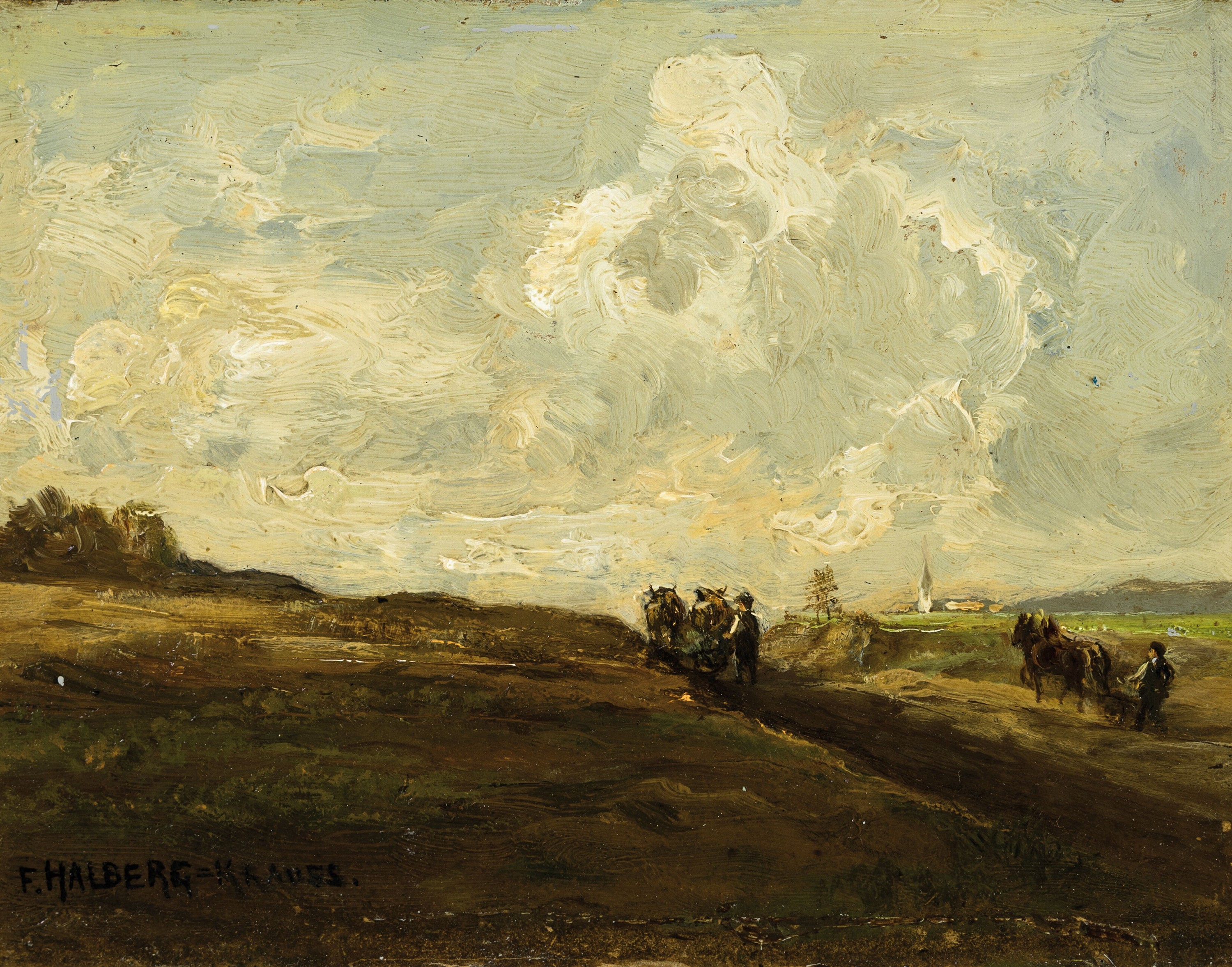 Fritz Halberg-Krauss, 1874 Stadtprozelten-1951Prien am Chiemsee, Dachauer Landschaft mit zwei pflügenden Bauern, im Hintergrund Blick auf Dachau, ...