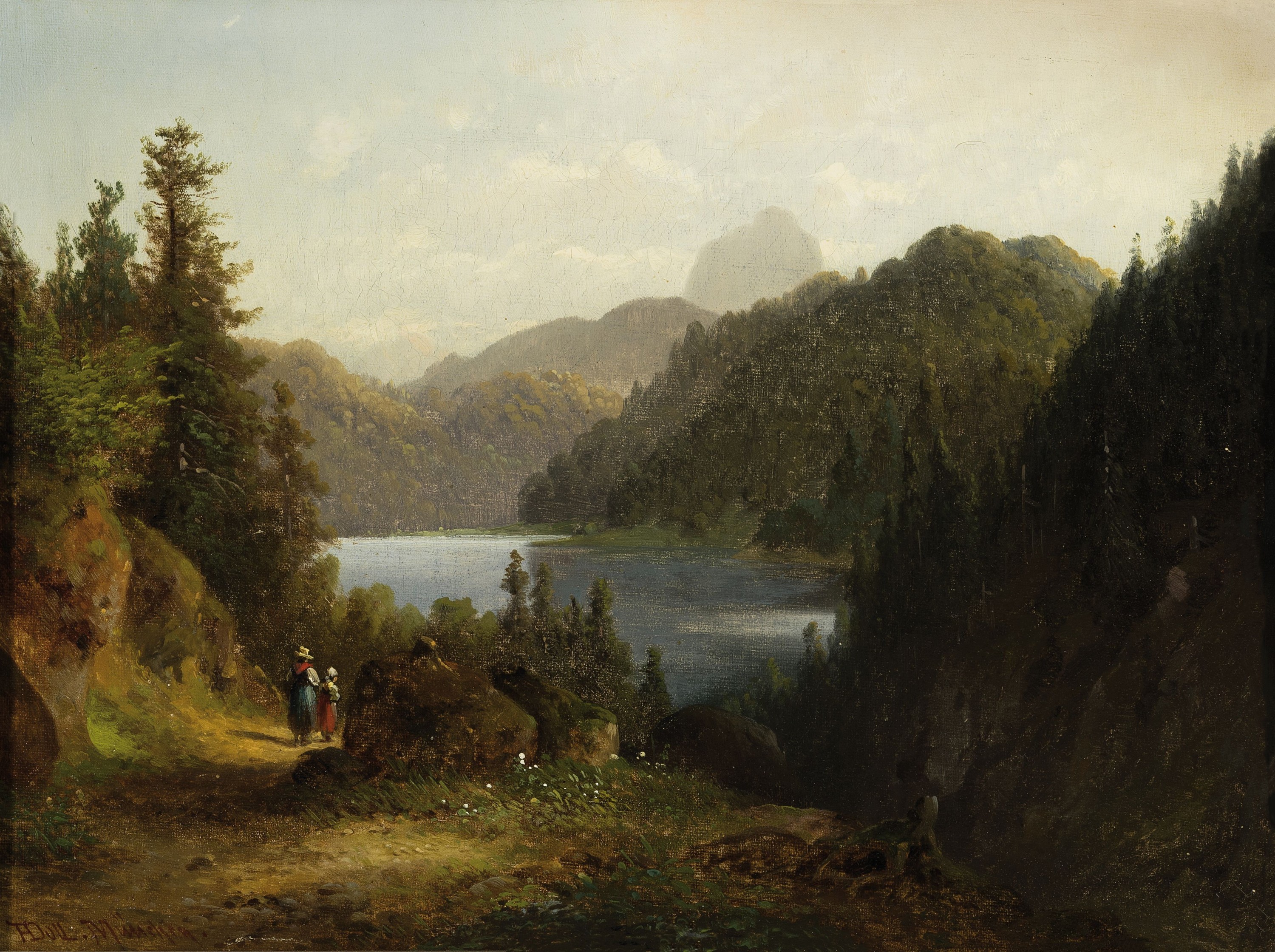 Anton Doll, 1826-1887 München, Wanderer in Alpenlandschaft mit Bergsee, links unten signiert "A Doll.München", Öl/Lwd, restauriert(3 ...