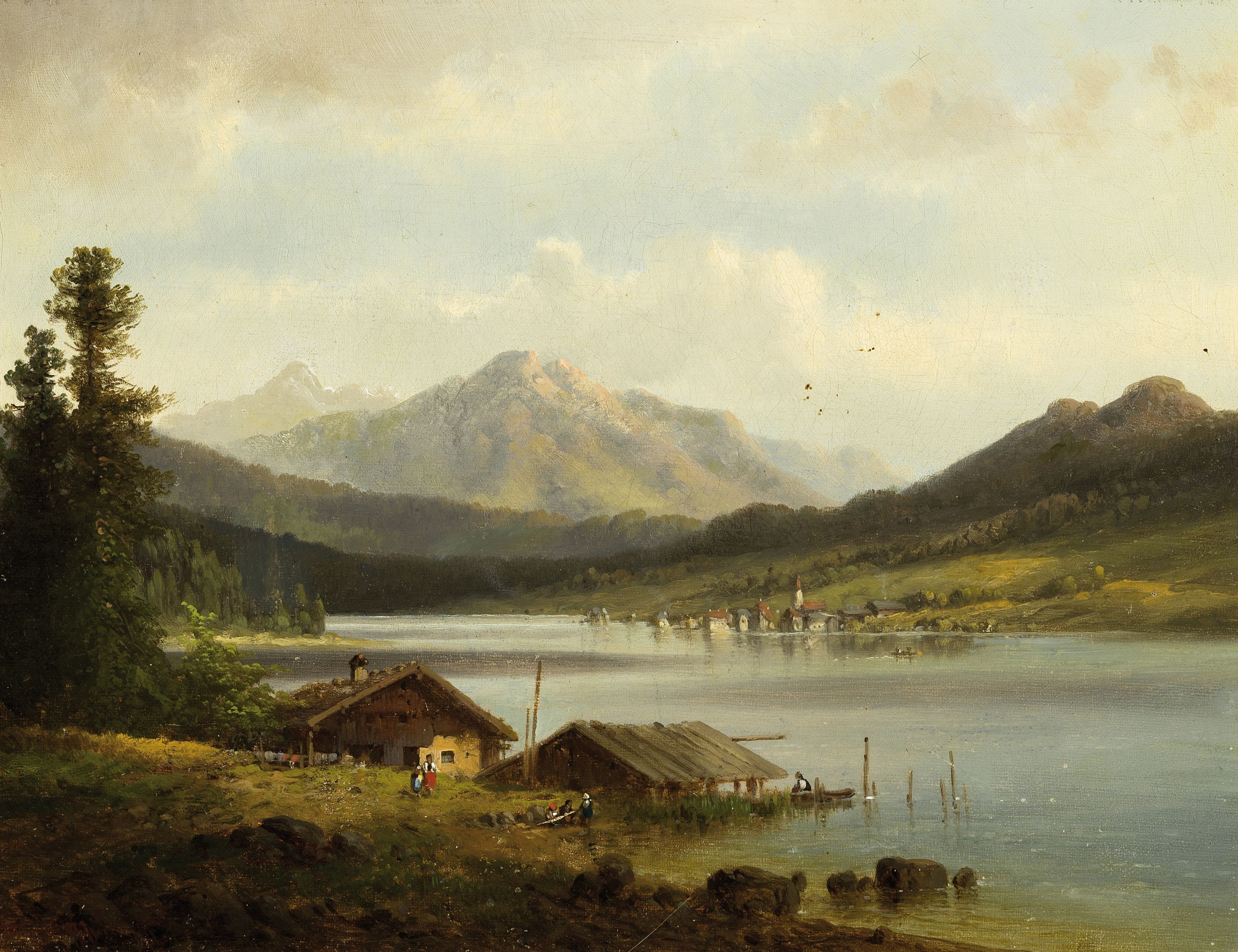 Anton Doll, 1826-1887 München, Blick auf den Tegernsee, vordergründige Fischerhüttemit Figurenstaffage, links unten schwach lesbar signiert ...