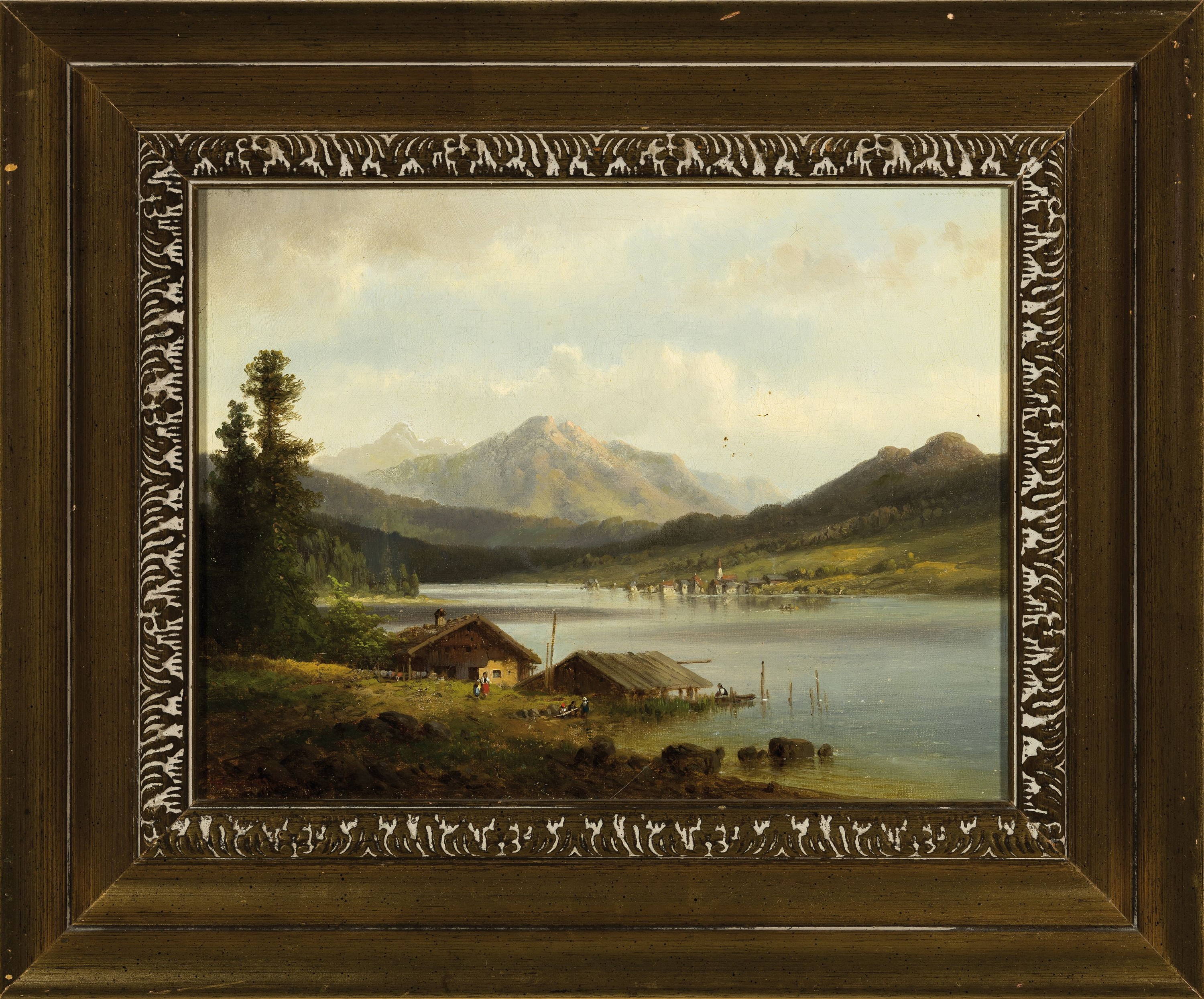 Detail k: Anton Doll, 1826-1887 München, Blick auf den Tegernsee, vordergründige Fischerhüttemit Figurenstaffage, links unten schwach lesbar signiert ...