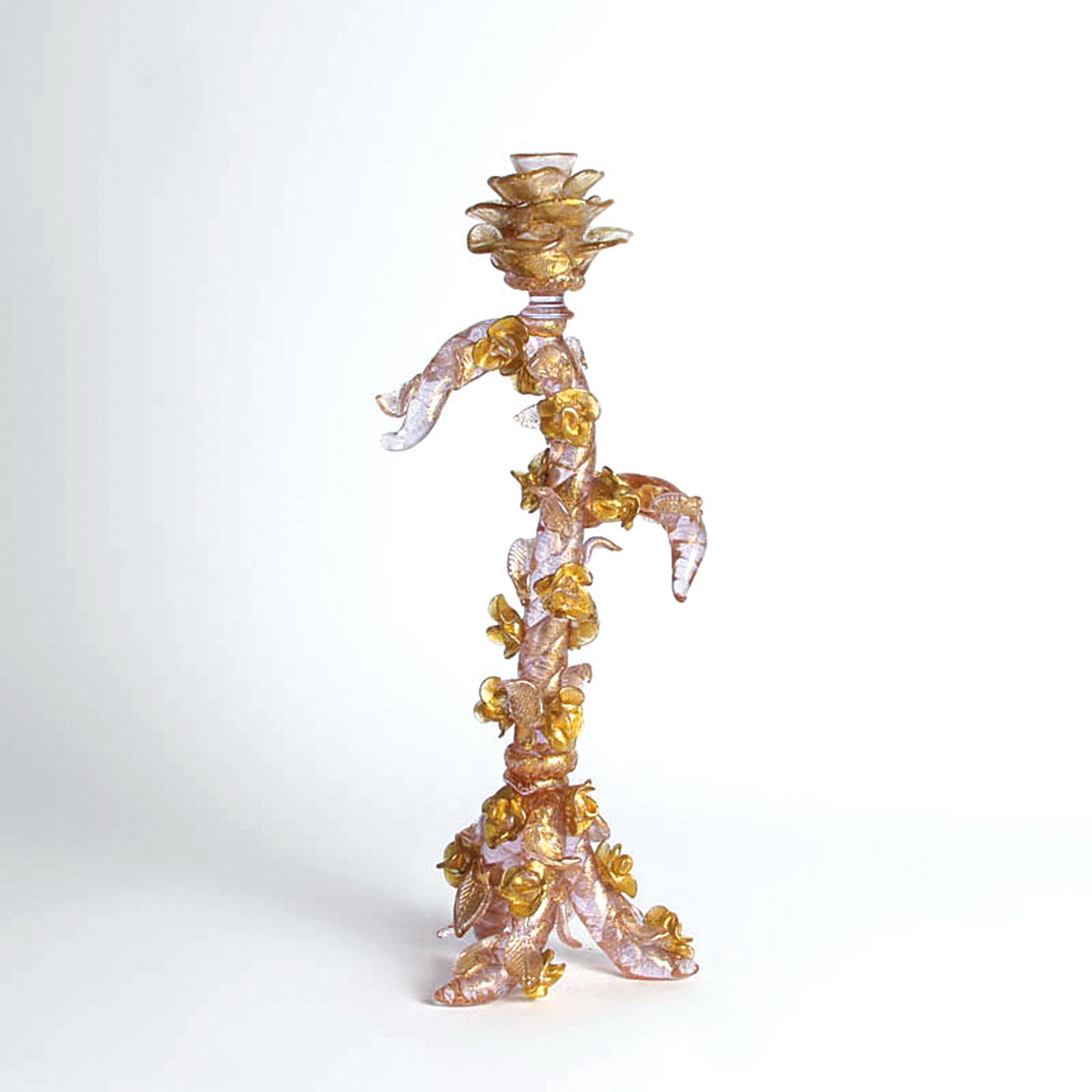 Glasleuchter, Ermanno Nason für Cenedese, Murano, Italien, 1963-72, Neodymium-Glas, Goldmalerei, Rosenrankenform mit applizierten Blüten und ...