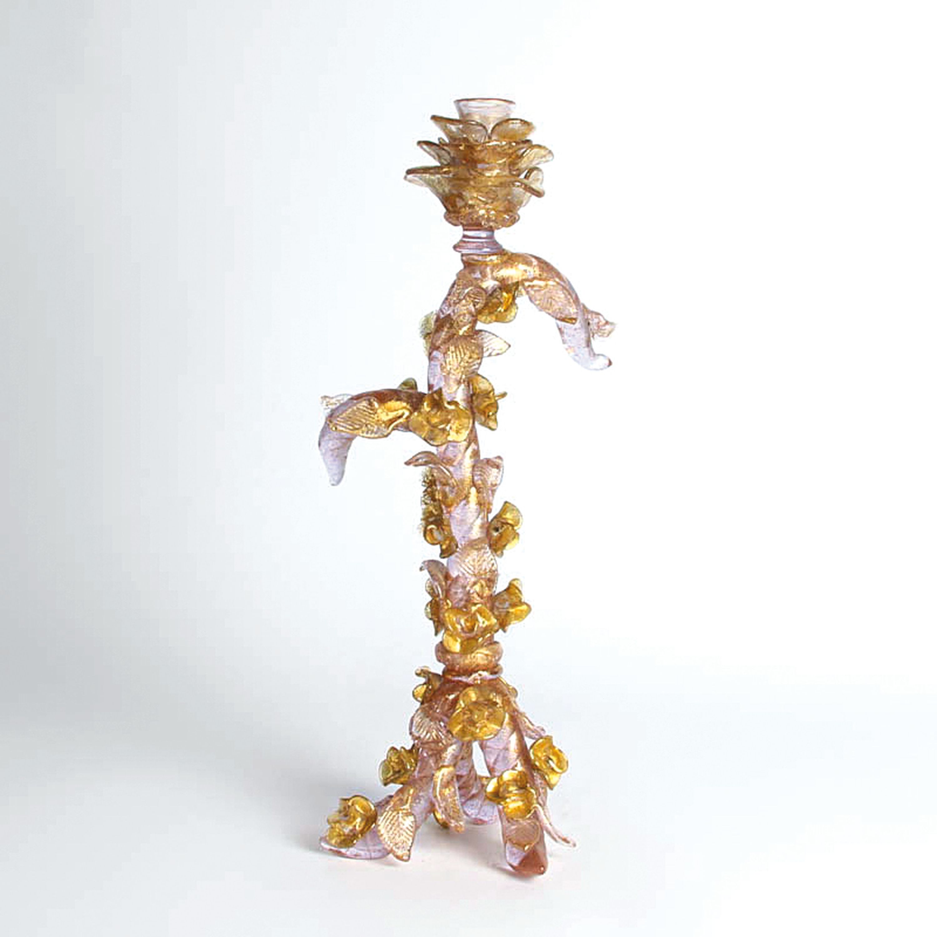 Detail d: Glasleuchter, Ermanno Nason für Cenedese, Murano, Italien, 1963-72, Neodymium-Glas, Goldmalerei, Rosenrankenform mit applizierten Blüten und ...