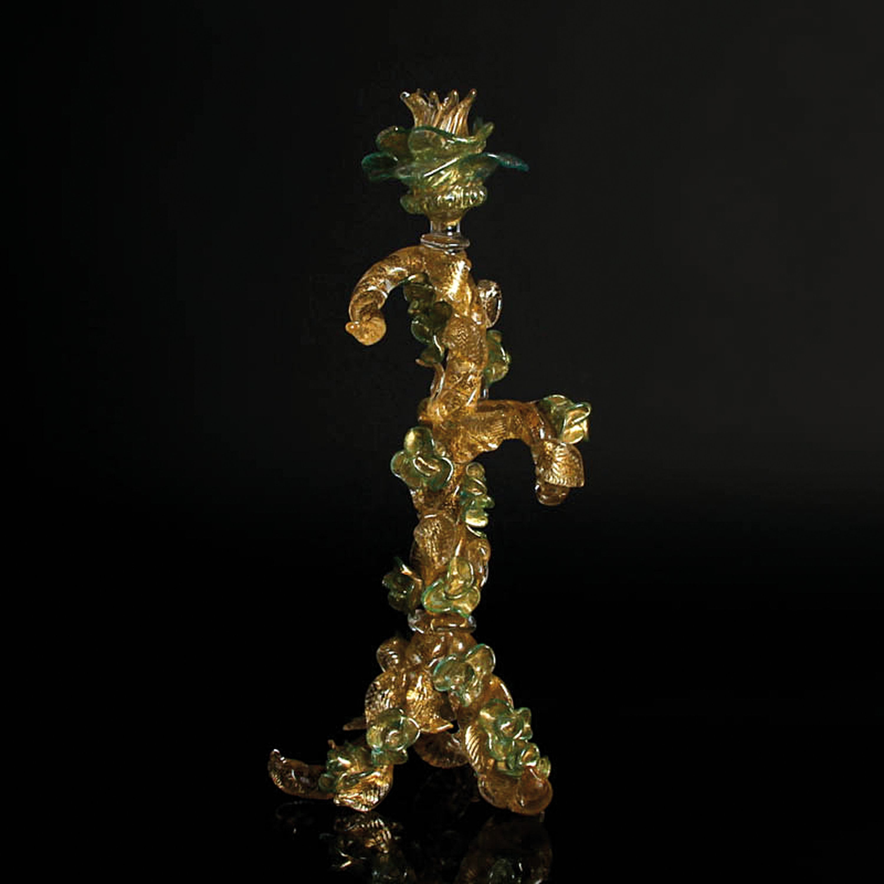 Glasleuchter, Ermanno Nason für Cenedese, Murano, Italien, 1963-72, farbloses und grün eingefärbtes Glas, Goldmalerei,Rosenrankenform mit ...