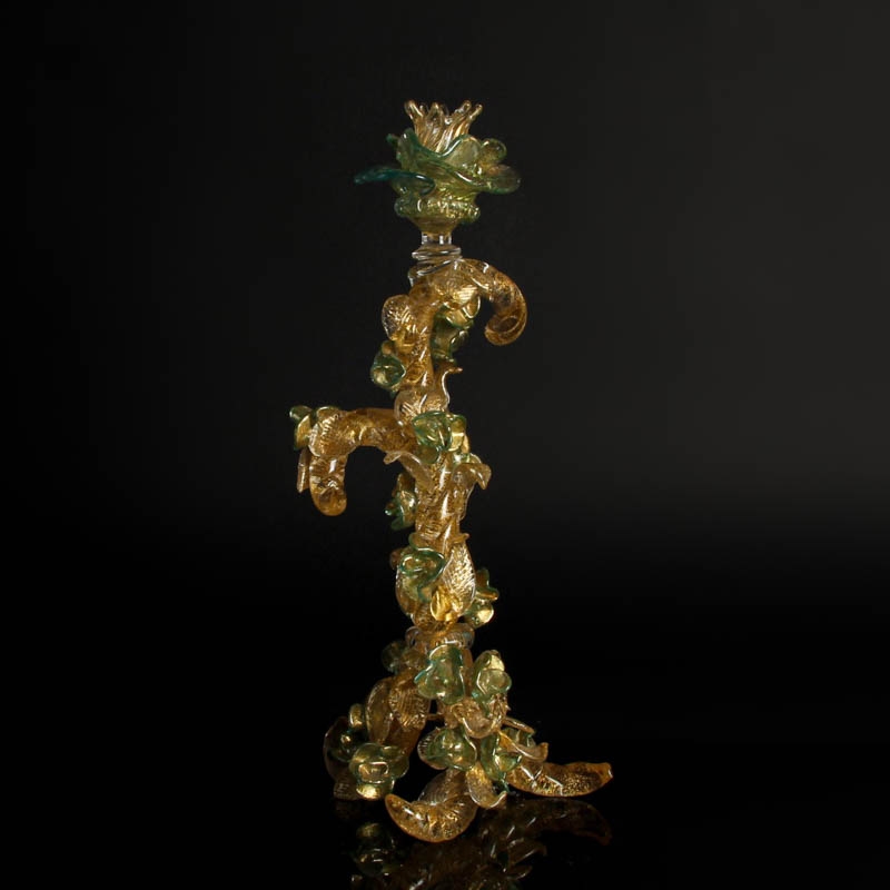 Detail d: Glasleuchter, Ermanno Nason für Cenedese, Murano, Italien, 1963-72, farbloses und grün eingefärbtes Glas, Goldmalerei,Rosenrankenform mit ...