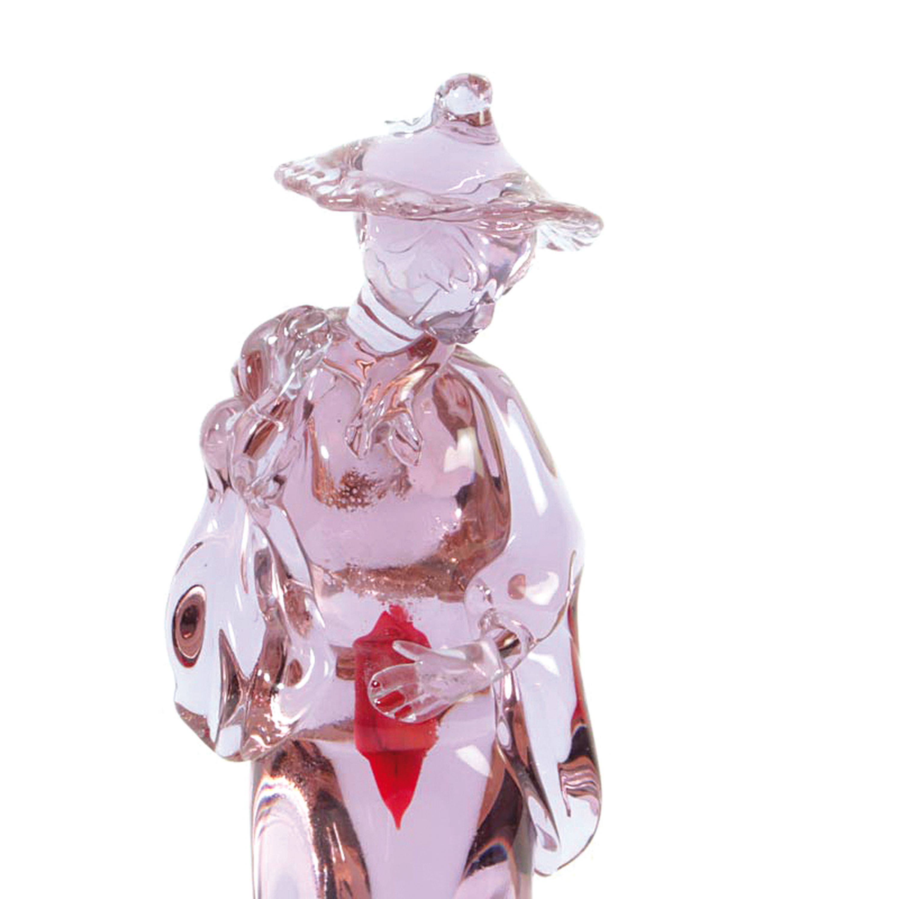 Detail b: Glasskulptur einer Chinesin, Murano, Italien, Neodymium-Glas, stehende Chinesin, rote Einschmelzung im Verweis auf Schwangerschaft und Fruchtbarkeit, ...