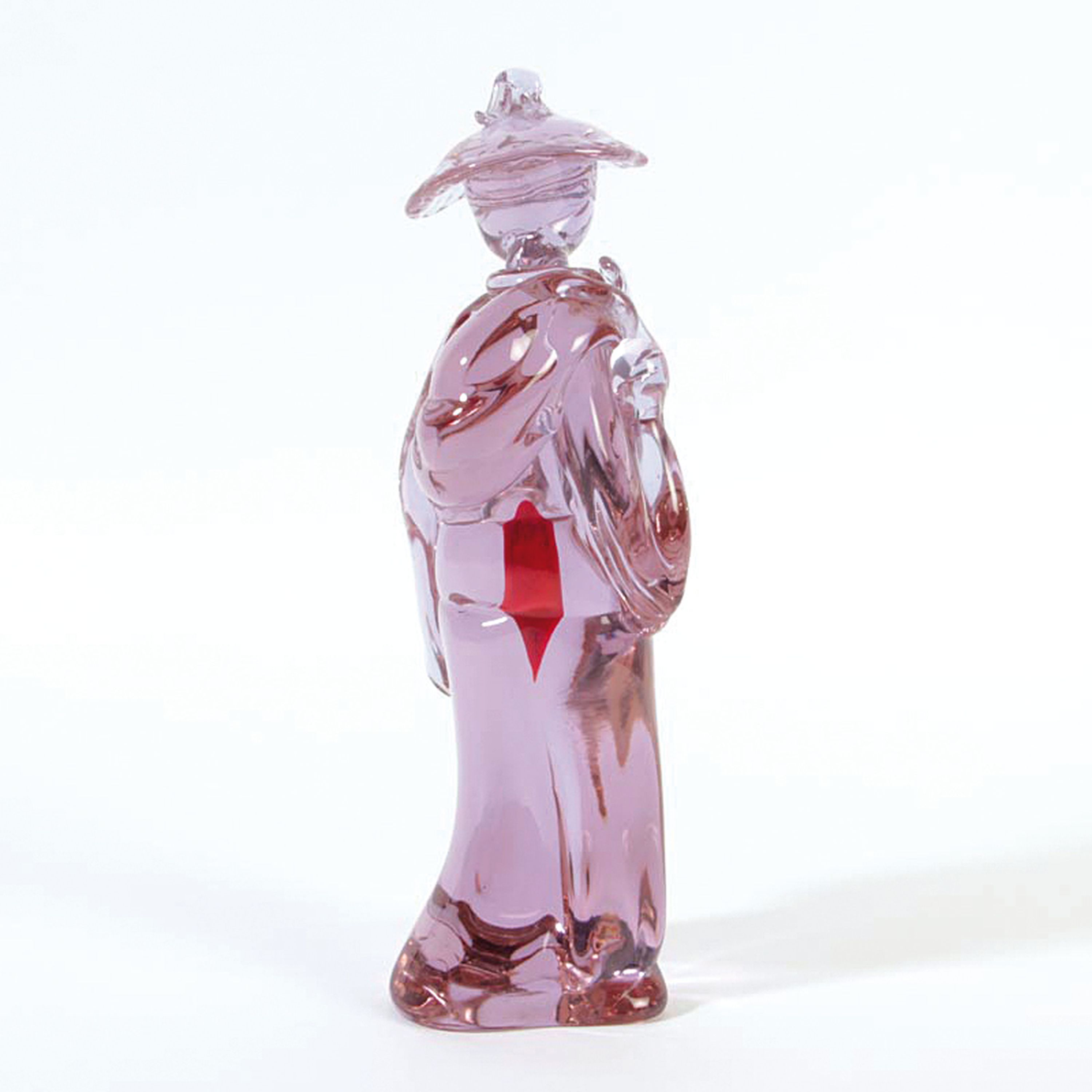 Detail c: Glasskulptur einer Chinesin, Murano, Italien, Neodymium-Glas, stehende Chinesin, rote Einschmelzung im Verweis auf Schwangerschaft und Fruchtbarkeit, ...