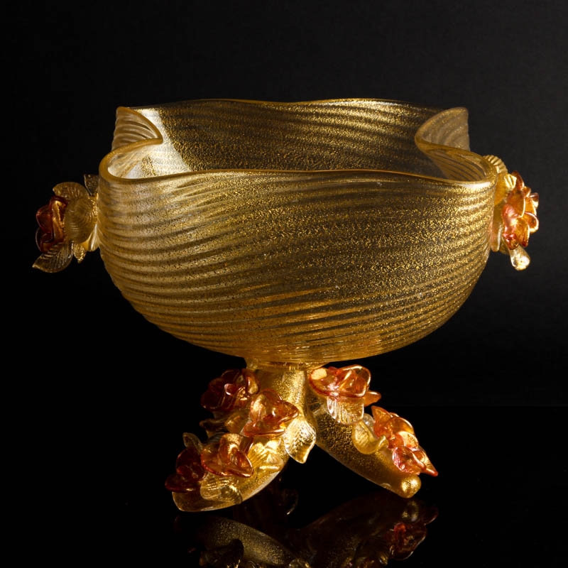 Detail a: Große Zierschale, Ermanno Nason für Cenedese, Murano, Italien, 1963-72, farbloses Glas, reiche Goldmalerei, vierfach eingekniffene Form, auf ...
