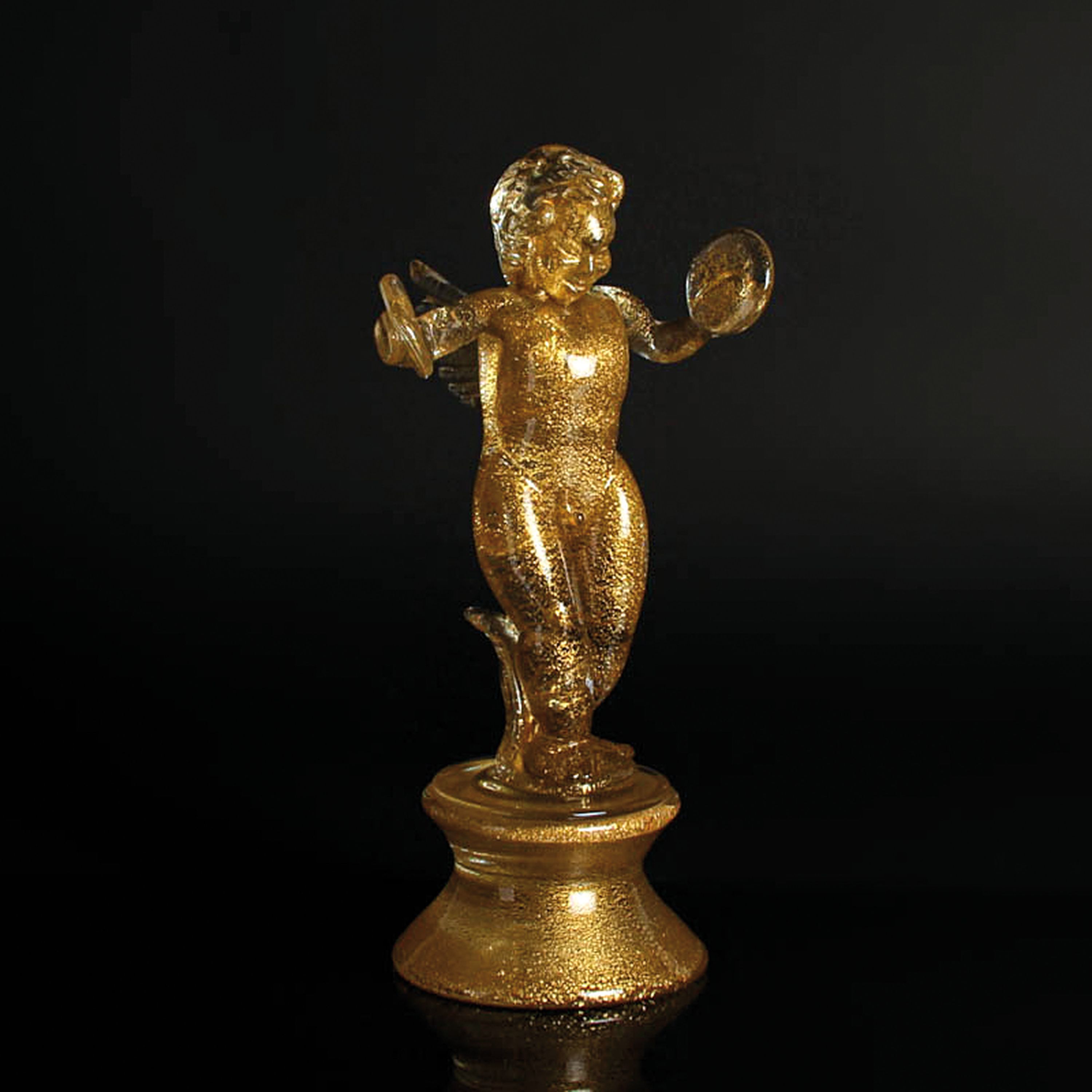 Paar Glasskulpturen, Ermanno Nason für Cenedese, Murano, Italien, 1963-72, farbloses Glas, Goldeinschmelzungen, Engelchen mit Laute und Becken, H. ...