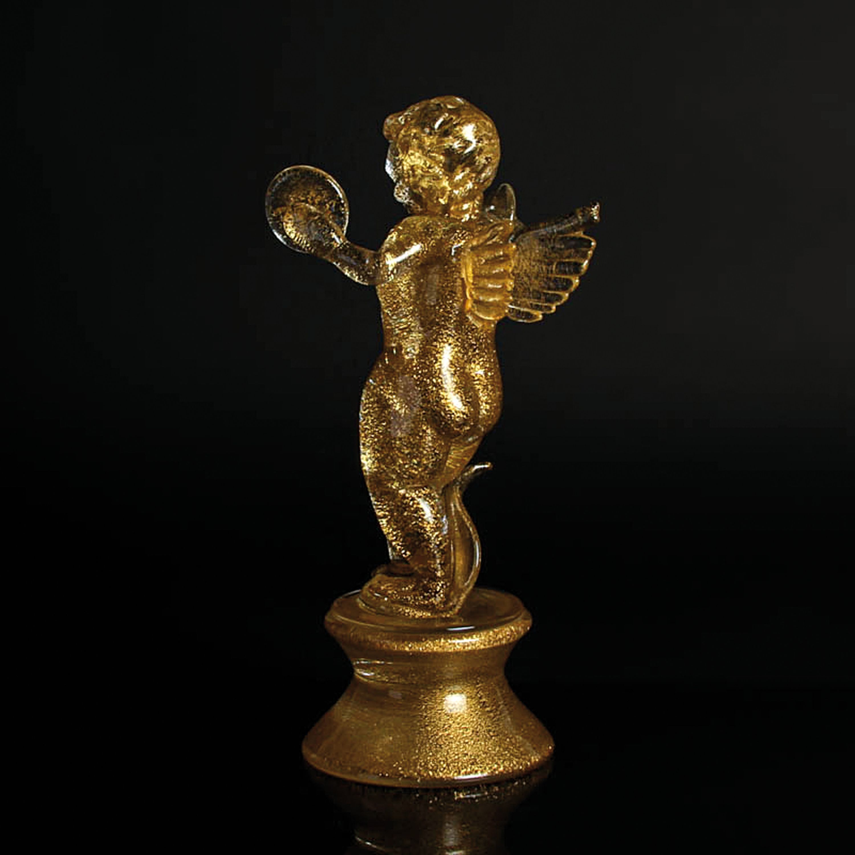 Detail d: Paar Glasskulpturen, Ermanno Nason für Cenedese, Murano, Italien, 1963-72, farbloses Glas, Goldeinschmelzungen, Engelchen mit Laute und Becken, H. ...
